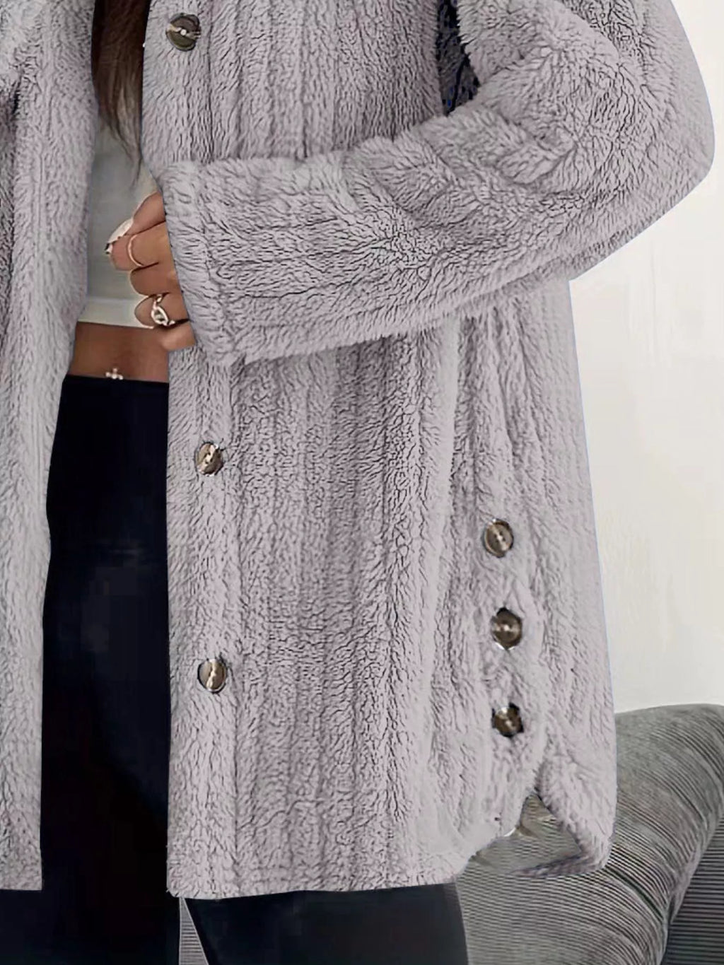 Full Size Fleece Button Up Hooded Outerwear Plus Size - Godess Beauty  #