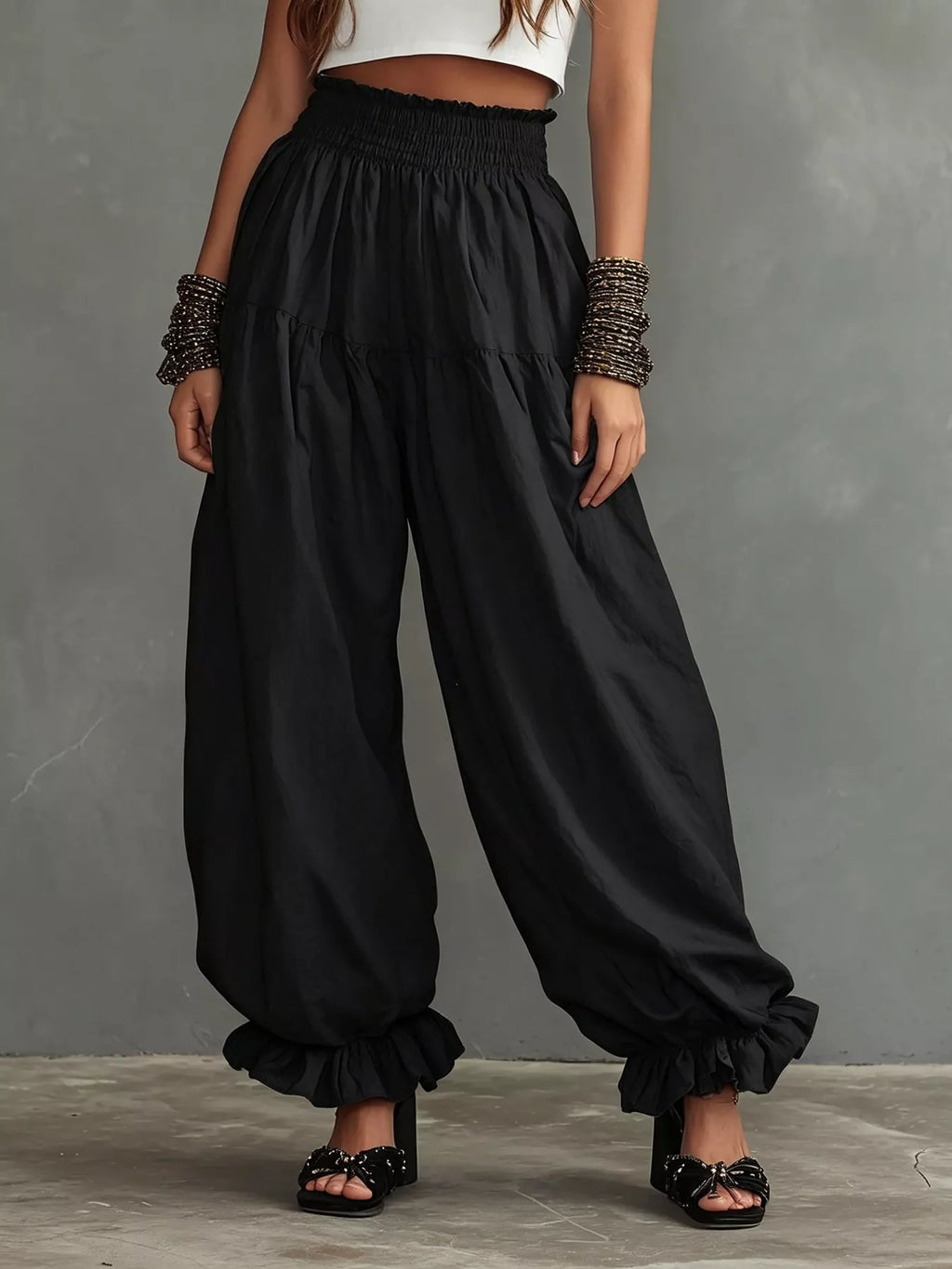 Full Size Smocked Ruffle Hem Wide Leg Pants Plus Size - Godess Beauty  #