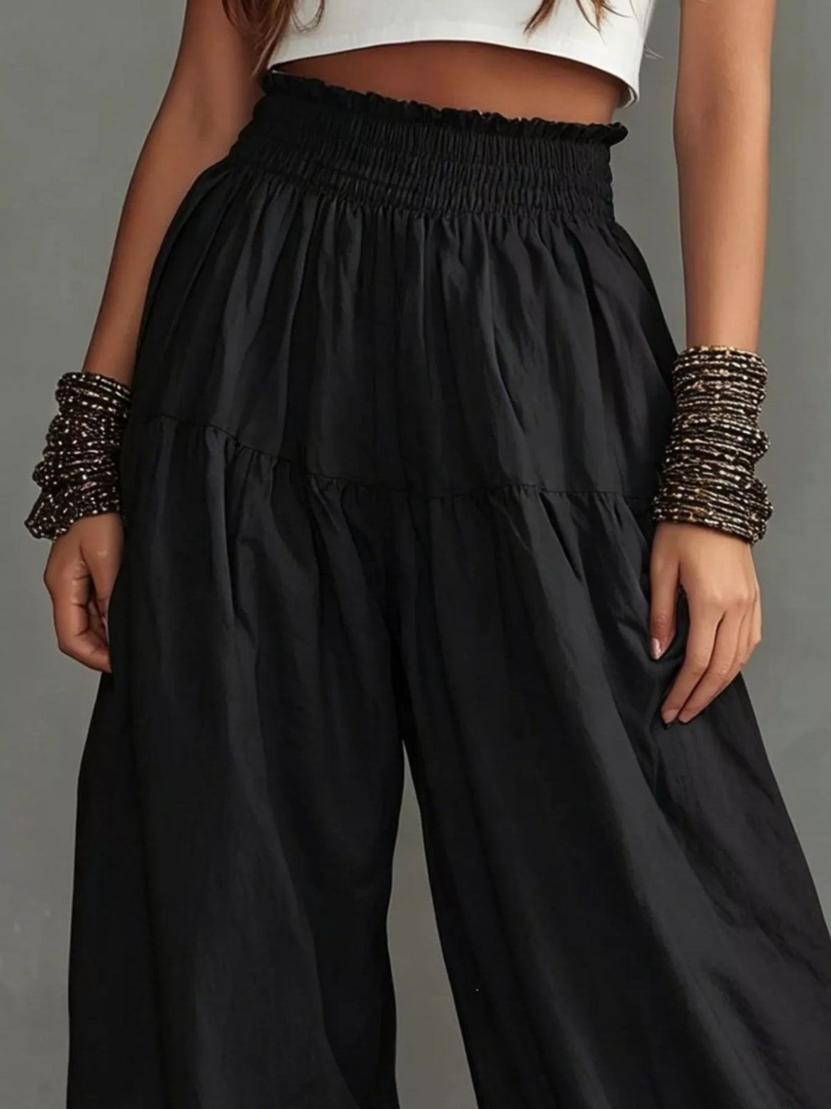 Full Size Smocked Ruffle Hem Wide Leg Pants Plus Size - Godess Beauty  #