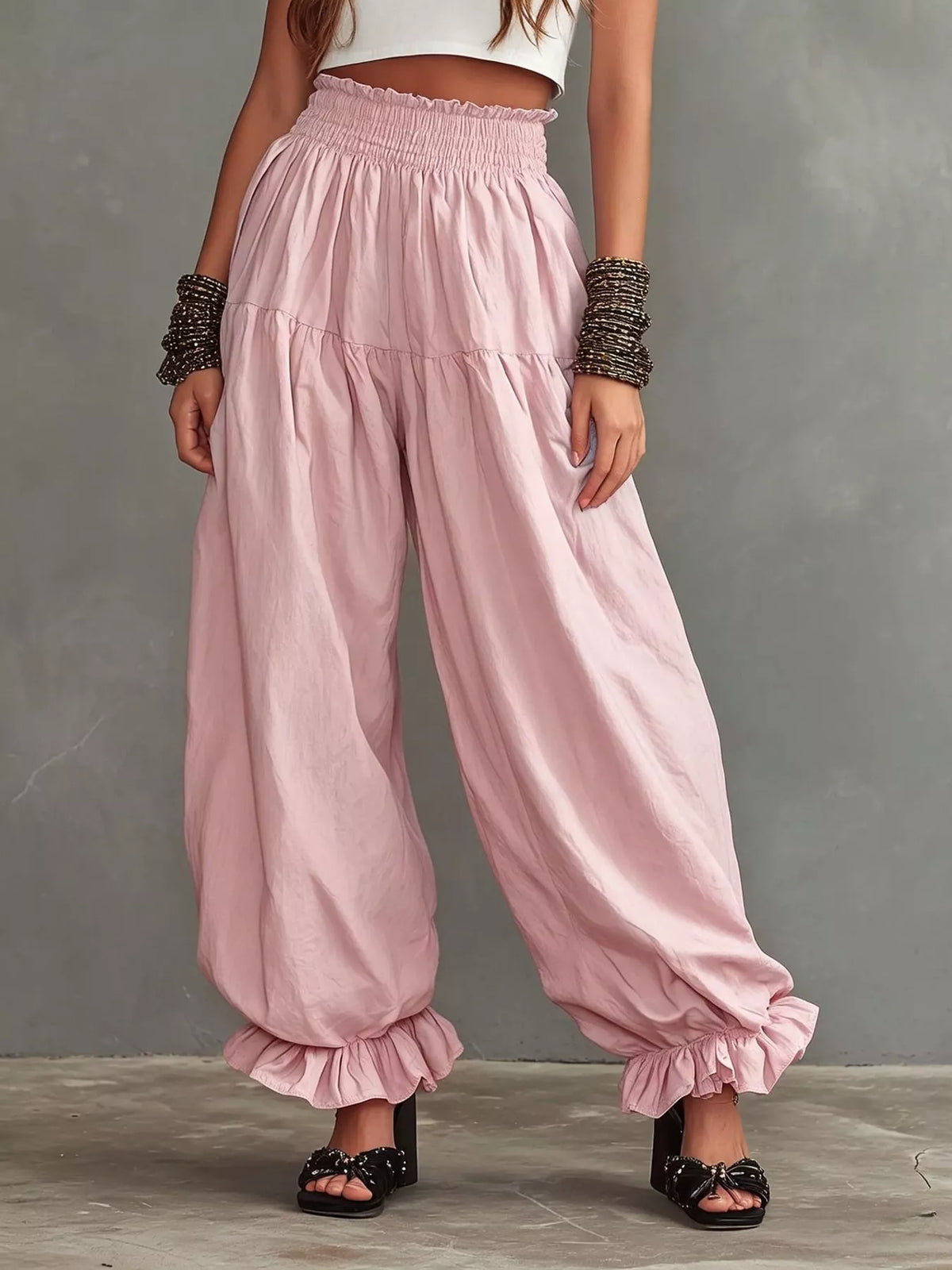 Full Size Smocked Ruffle Hem Wide Leg Pants Plus Size - Godess Beauty  #