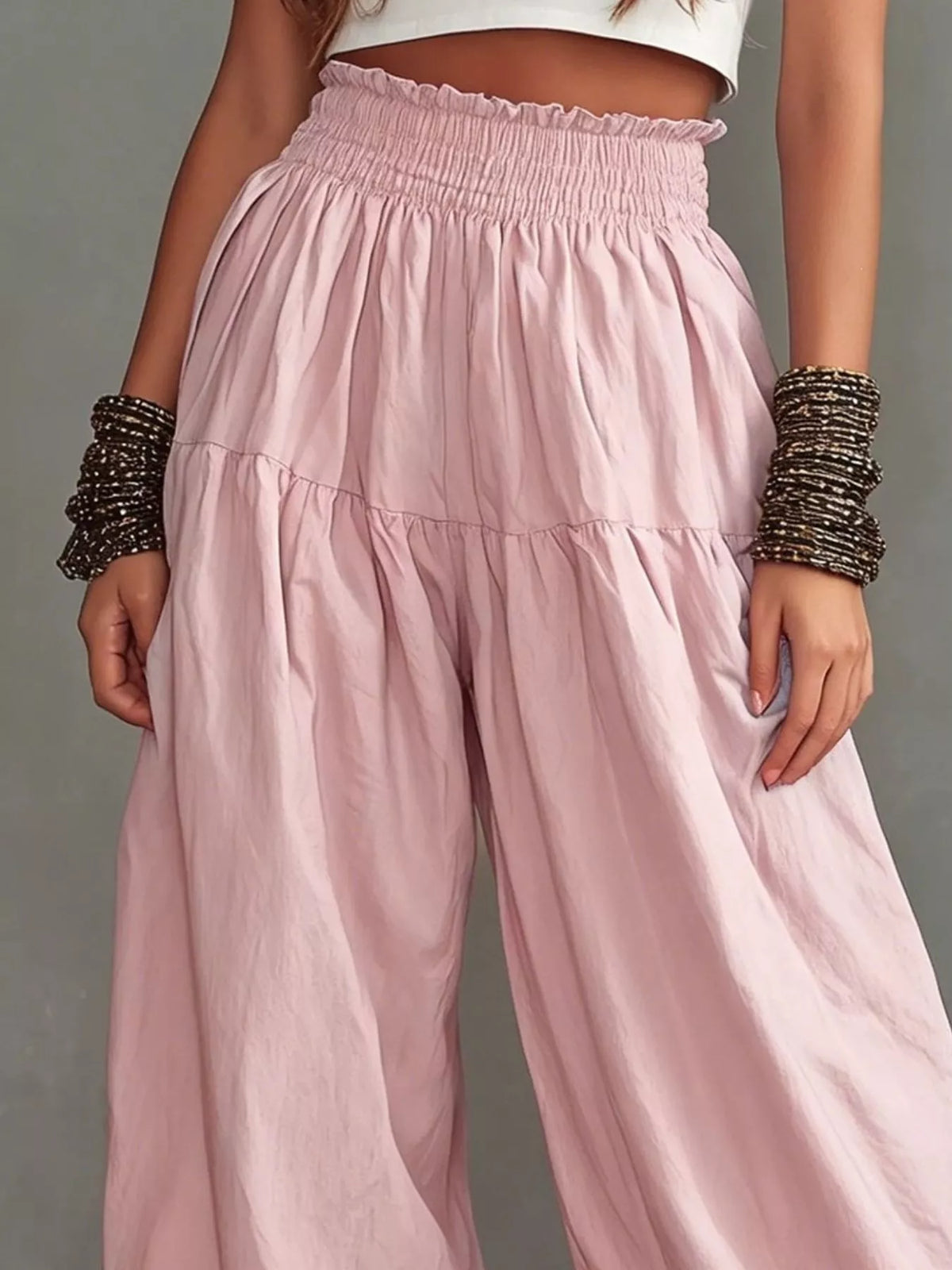 Full Size Smocked Ruffle Hem Wide Leg Pants Plus Size - Godess Beauty  #