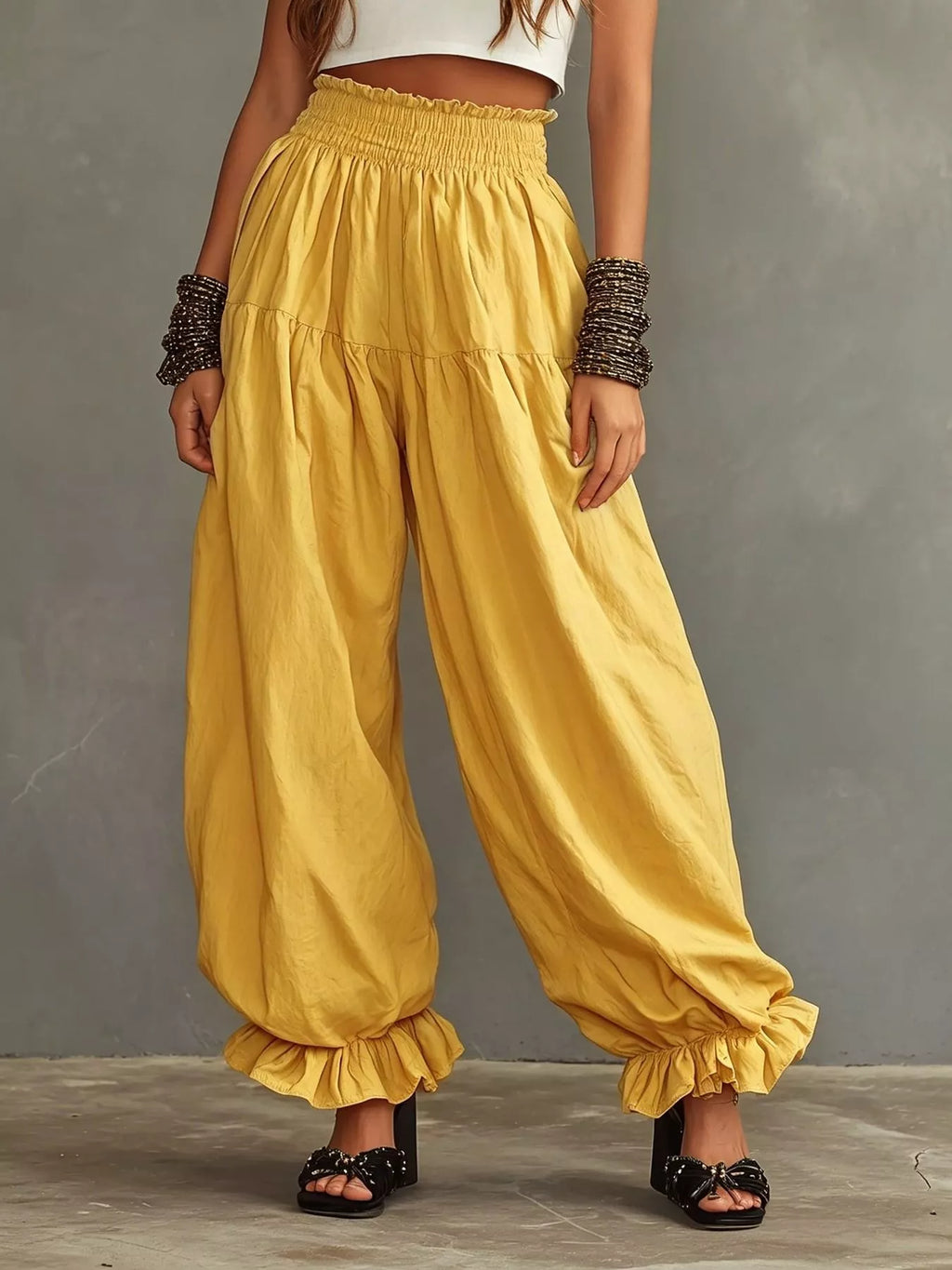 Full Size Smocked Ruffle Hem Wide Leg Pants Plus Size - Godess Beauty  #