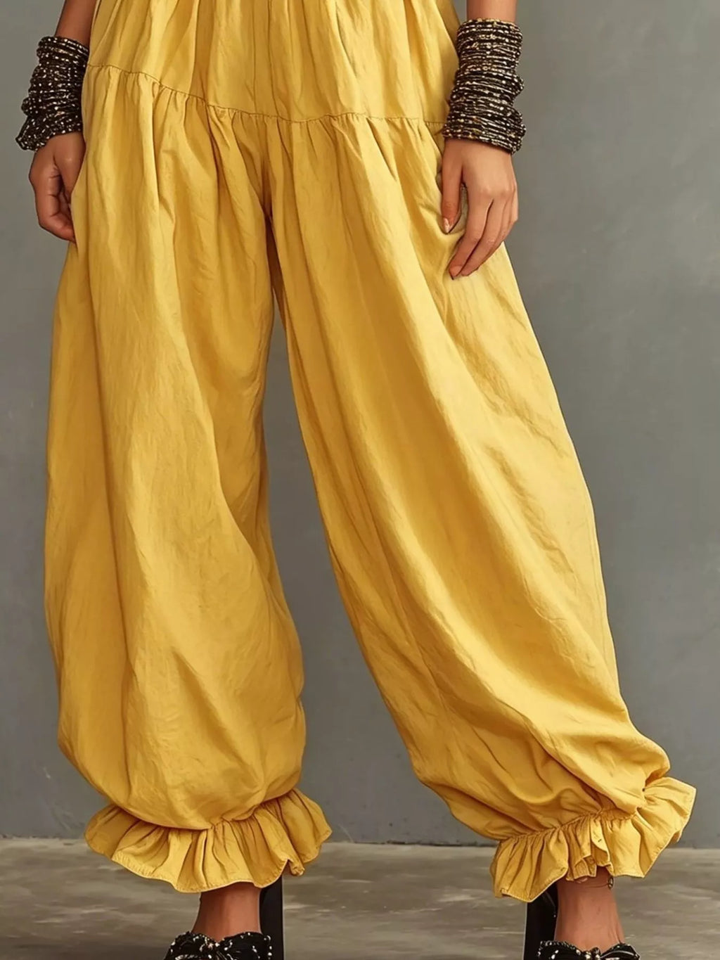 Full Size Smocked Ruffle Hem Wide Leg Pants Plus Size - Godess Beauty  #