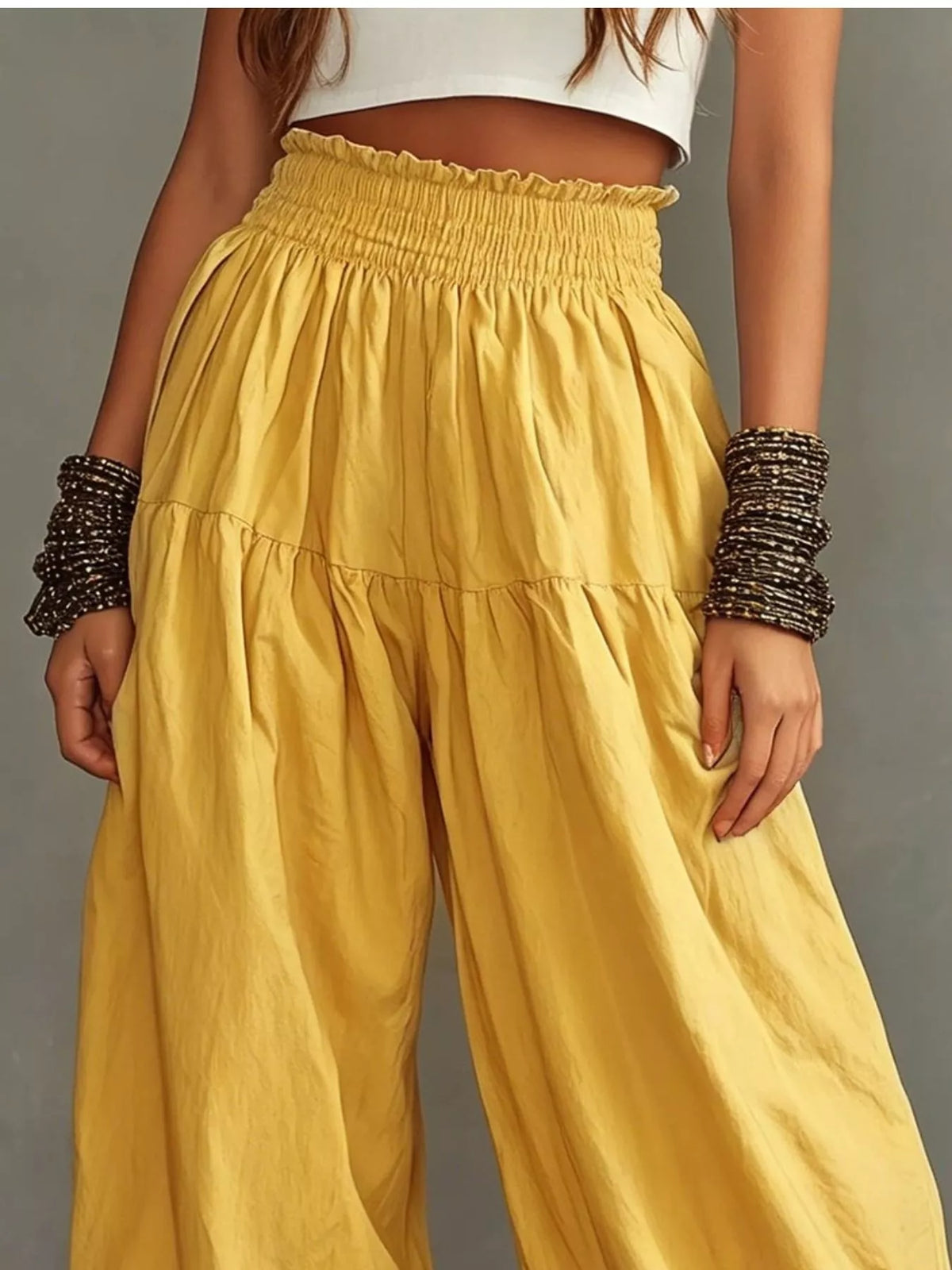 Full Size Smocked Ruffle Hem Wide Leg Pants Plus Size - Godess Beauty  #