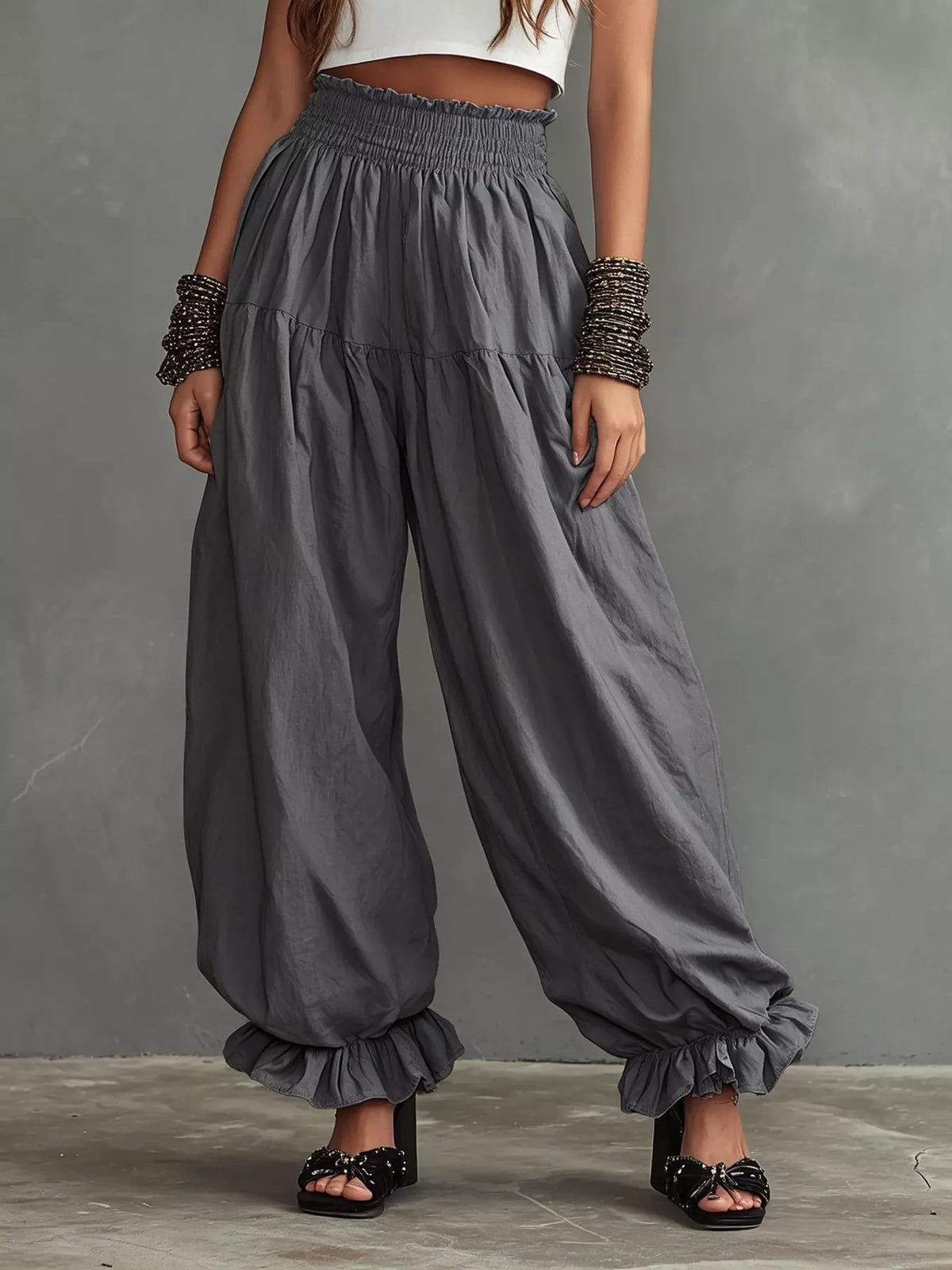 Full Size Smocked Ruffle Hem Wide Leg Pants Plus Size - Godess Beauty  #