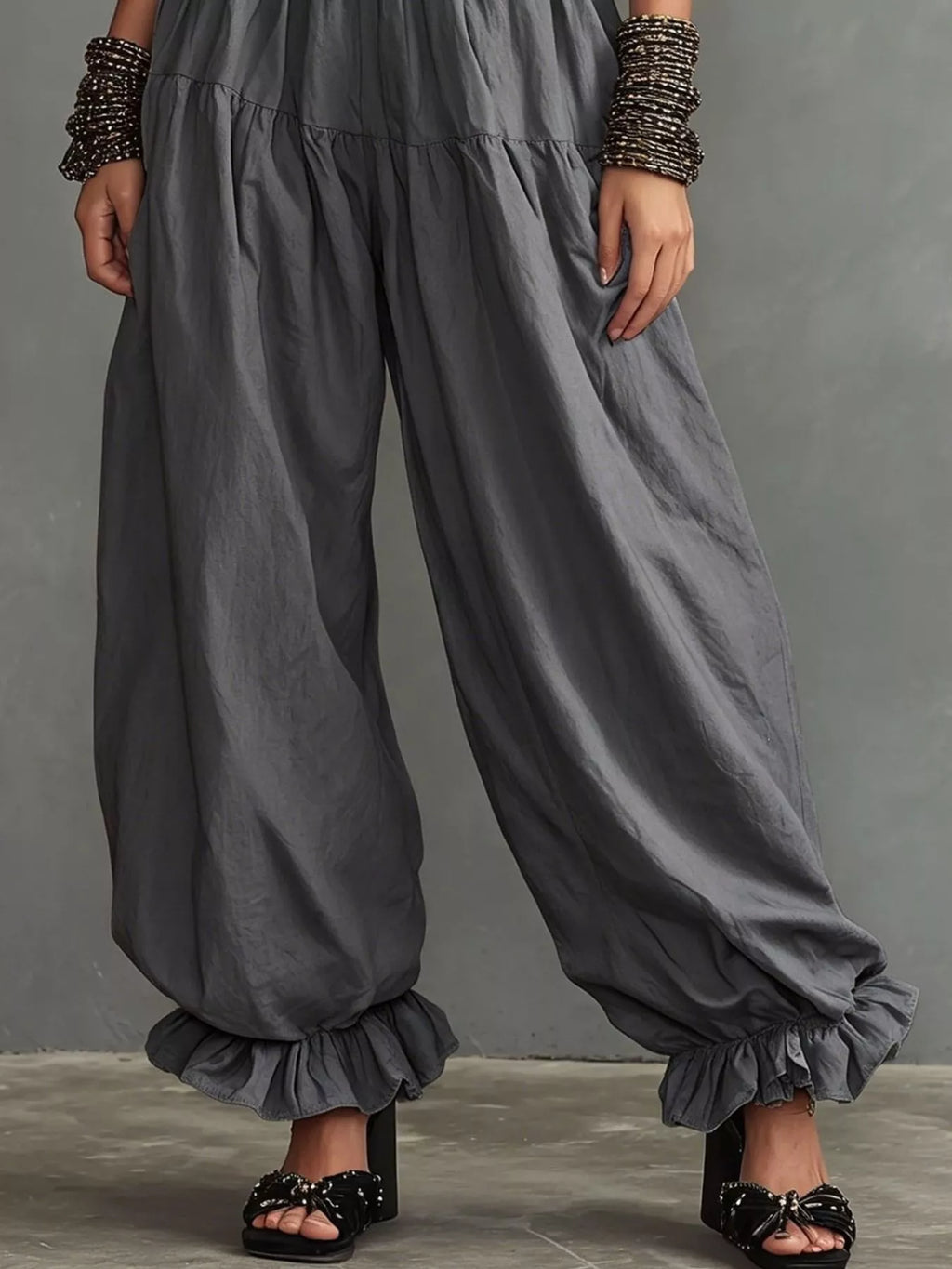Full Size Smocked Ruffle Hem Wide Leg Pants Plus Size - Godess Beauty  #