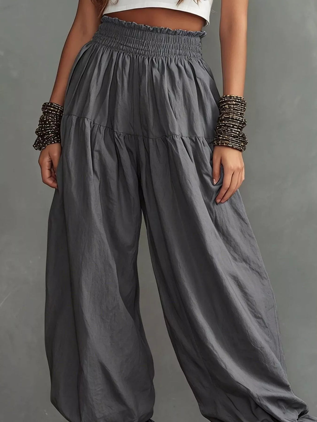 Full Size Smocked Ruffle Hem Wide Leg Pants Plus Size - Godess Beauty  #