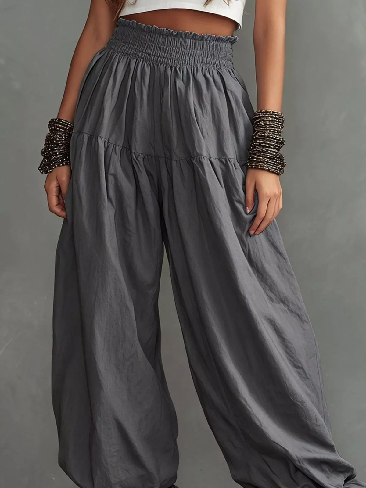 Full Size Smocked Ruffle Hem Wide Leg Pants Plus Size - Godess Beauty  #
