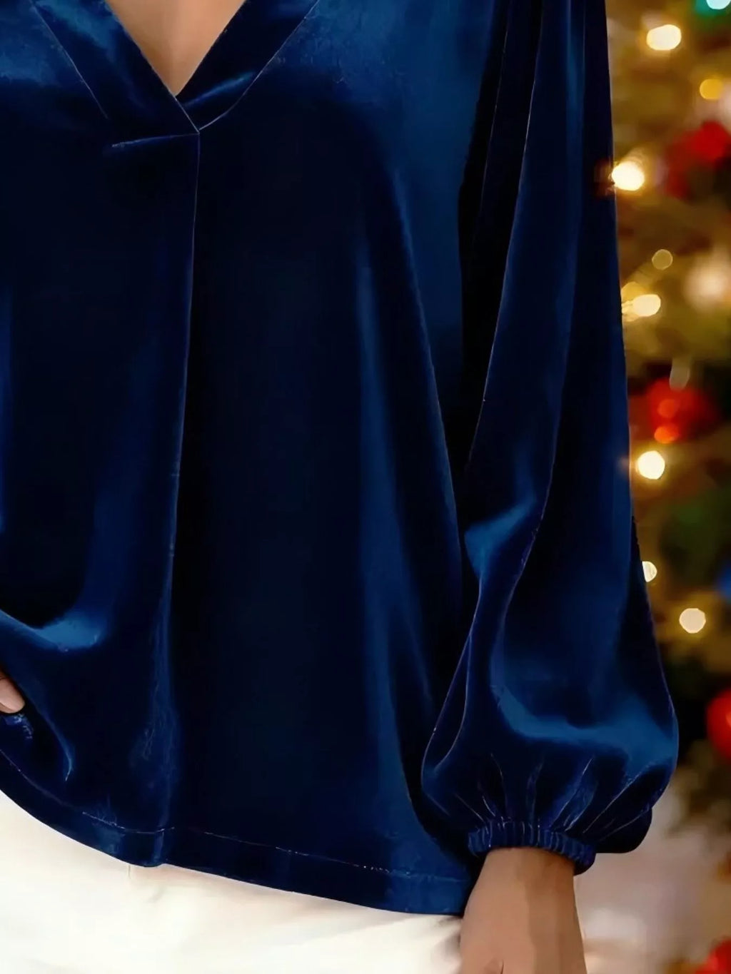 Full Size Velvet V-Neck Long Sleeve Blouse Plus Size - Godess beauty  #