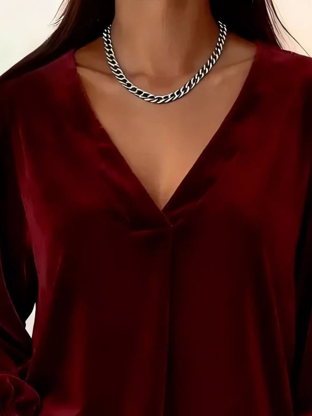 Full Size Velvet V-Neck Long Sleeve Blouse Plus Size - Godess beauty  #