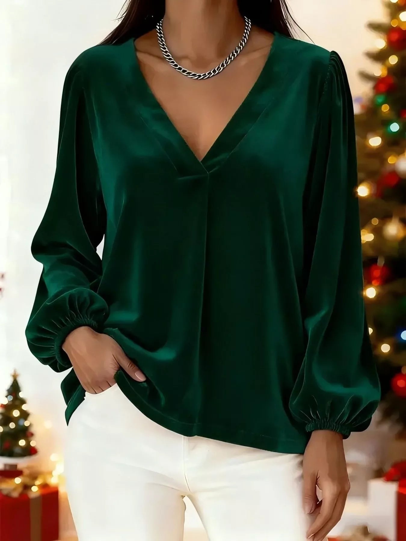 Full Size Velvet V-Neck Long Sleeve Blouse Plus Size - Godess beauty  #