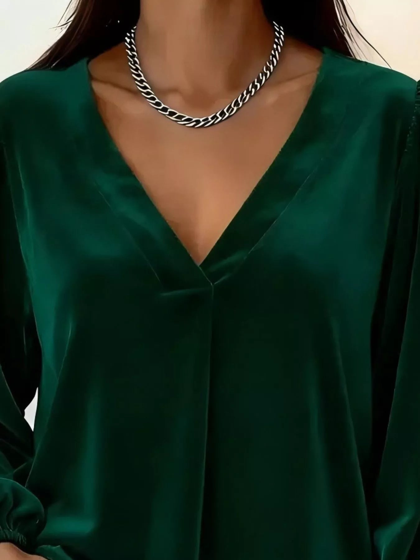 Full Size Velvet V-Neck Long Sleeve Blouse Plus Size - Godess beauty  #
