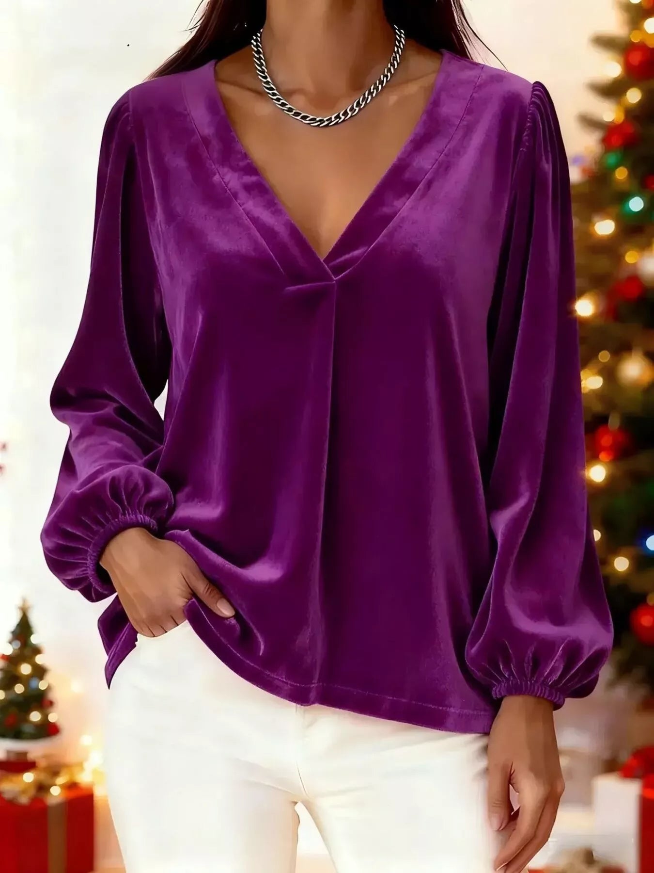 Full Size Velvet V-Neck Long Sleeve Blouse Plus Size - Godess beauty  #