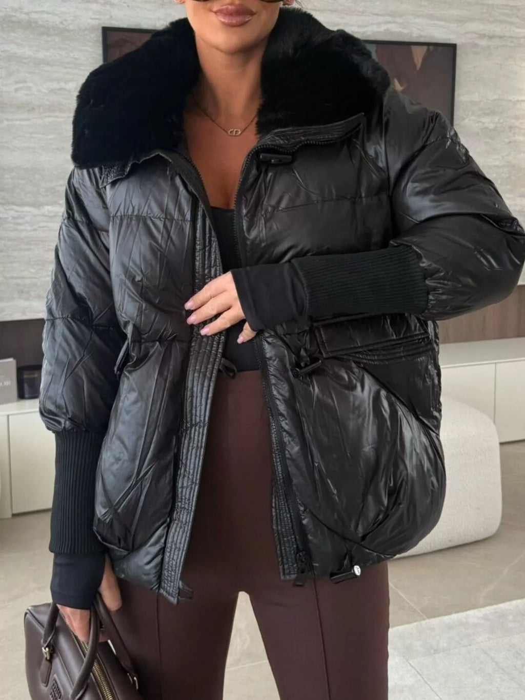 Fur Collar Padded Puffer Jacket - Godess Beauty  #