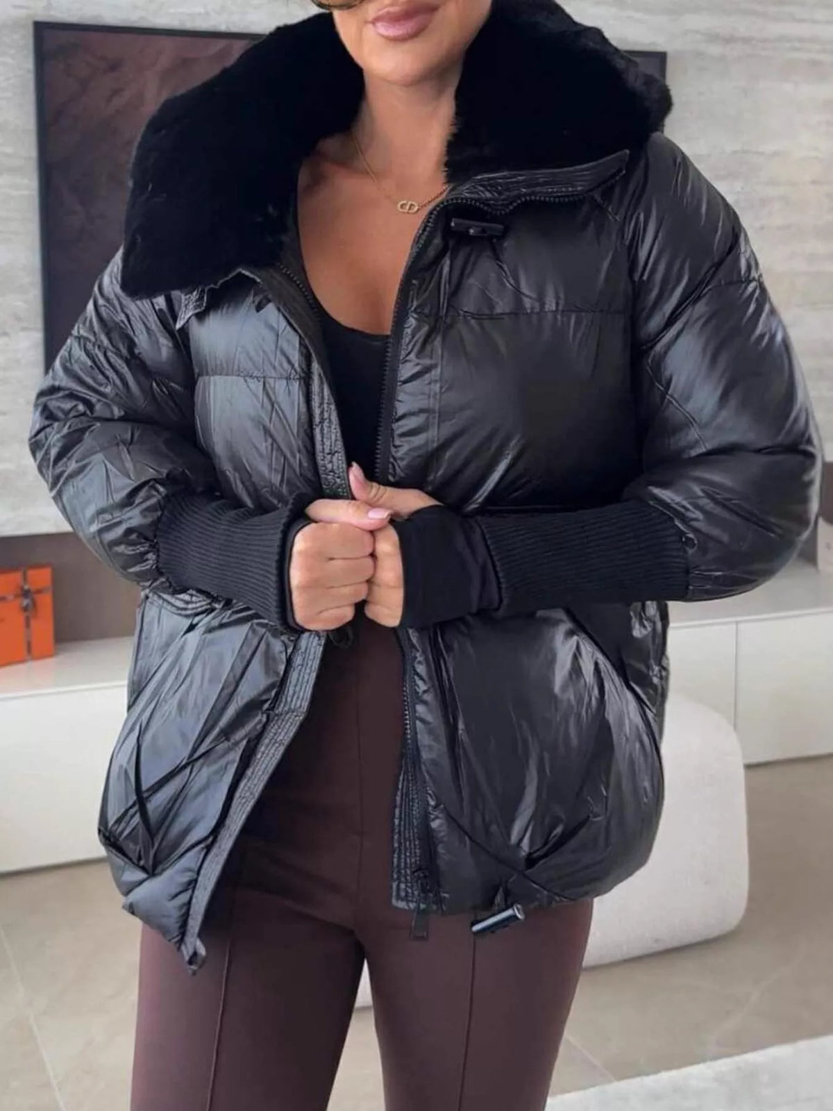 Fur Collar Padded Puffer Jacket - Godess Beauty  #