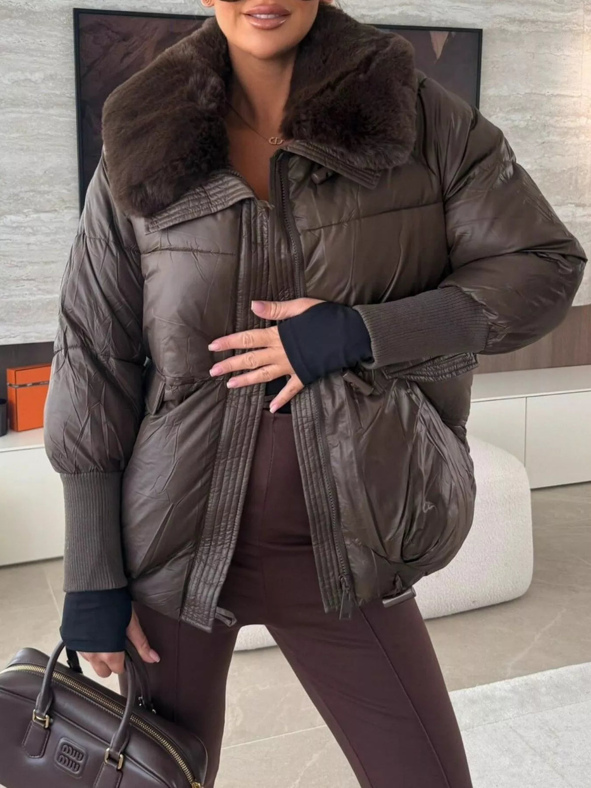 Fur Collar Padded Puffer Jacket - Godess Beauty  #