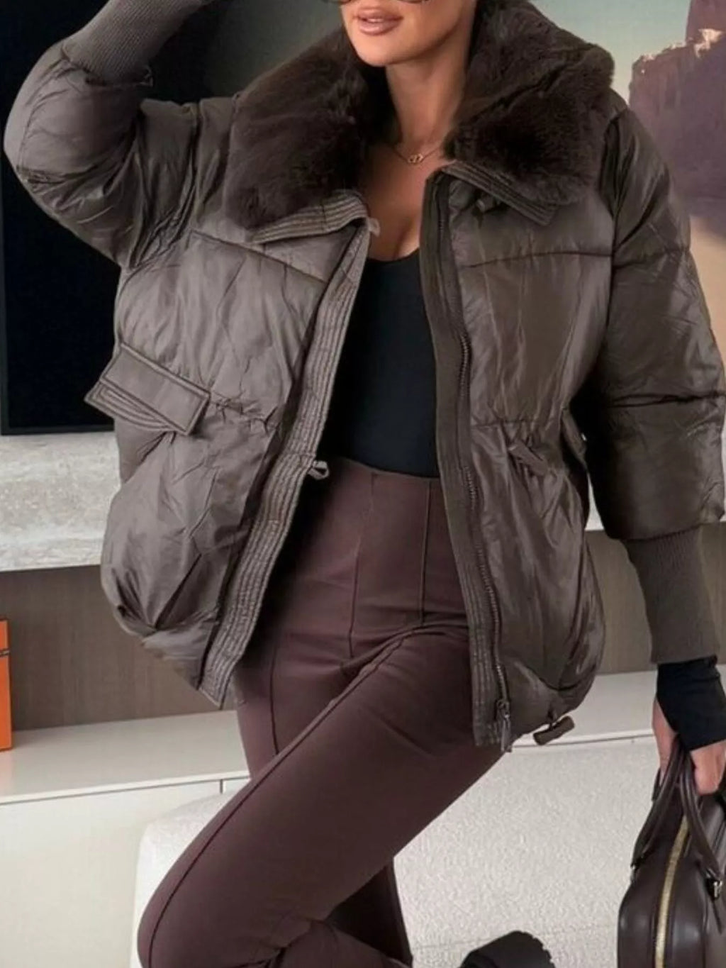 Fur Collar Padded Puffer Jacket - Godess Beauty  #