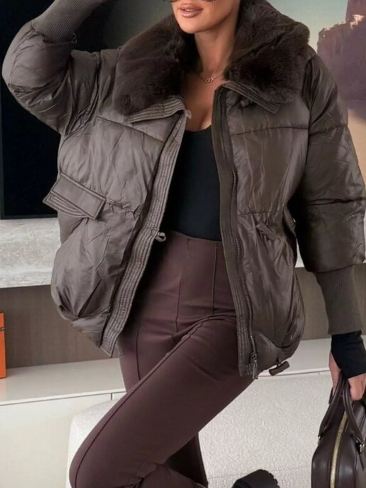 Fur Collar Padded Puffer Jacket - Godess Beauty  #