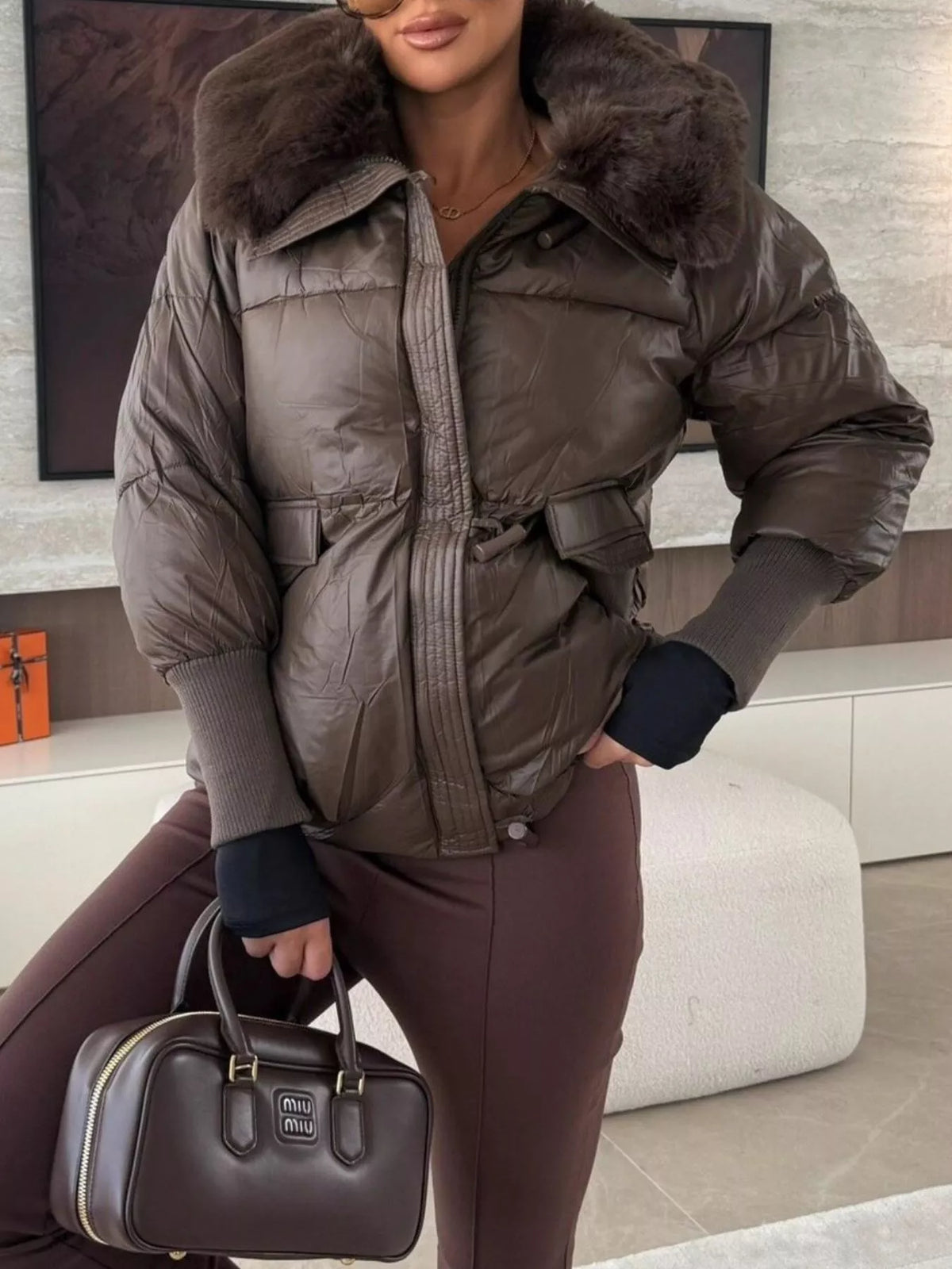 Fur Collar Padded Puffer Jacket - Godess Beauty  #