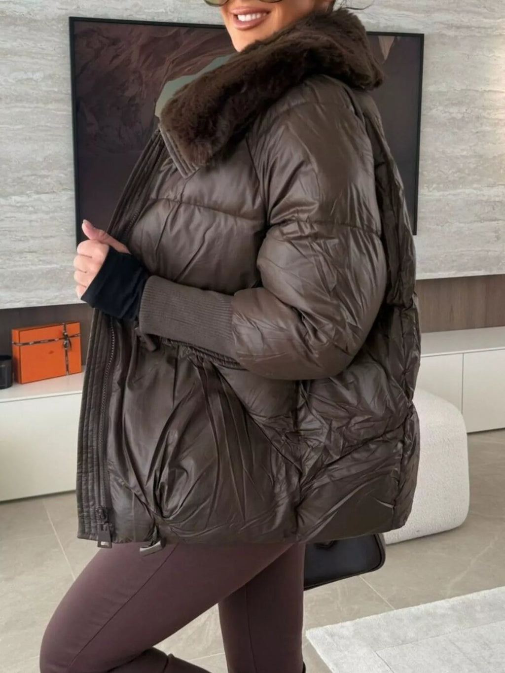 Fur Collar Padded Puffer Jacket - Godess Beauty  #