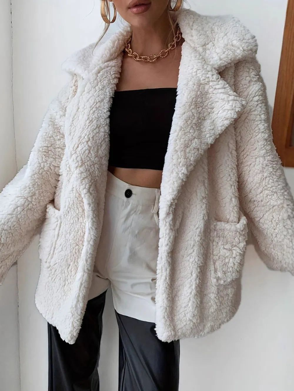 Fuzzy Open Front Long Sleeve Coat - Godess Beauty  #