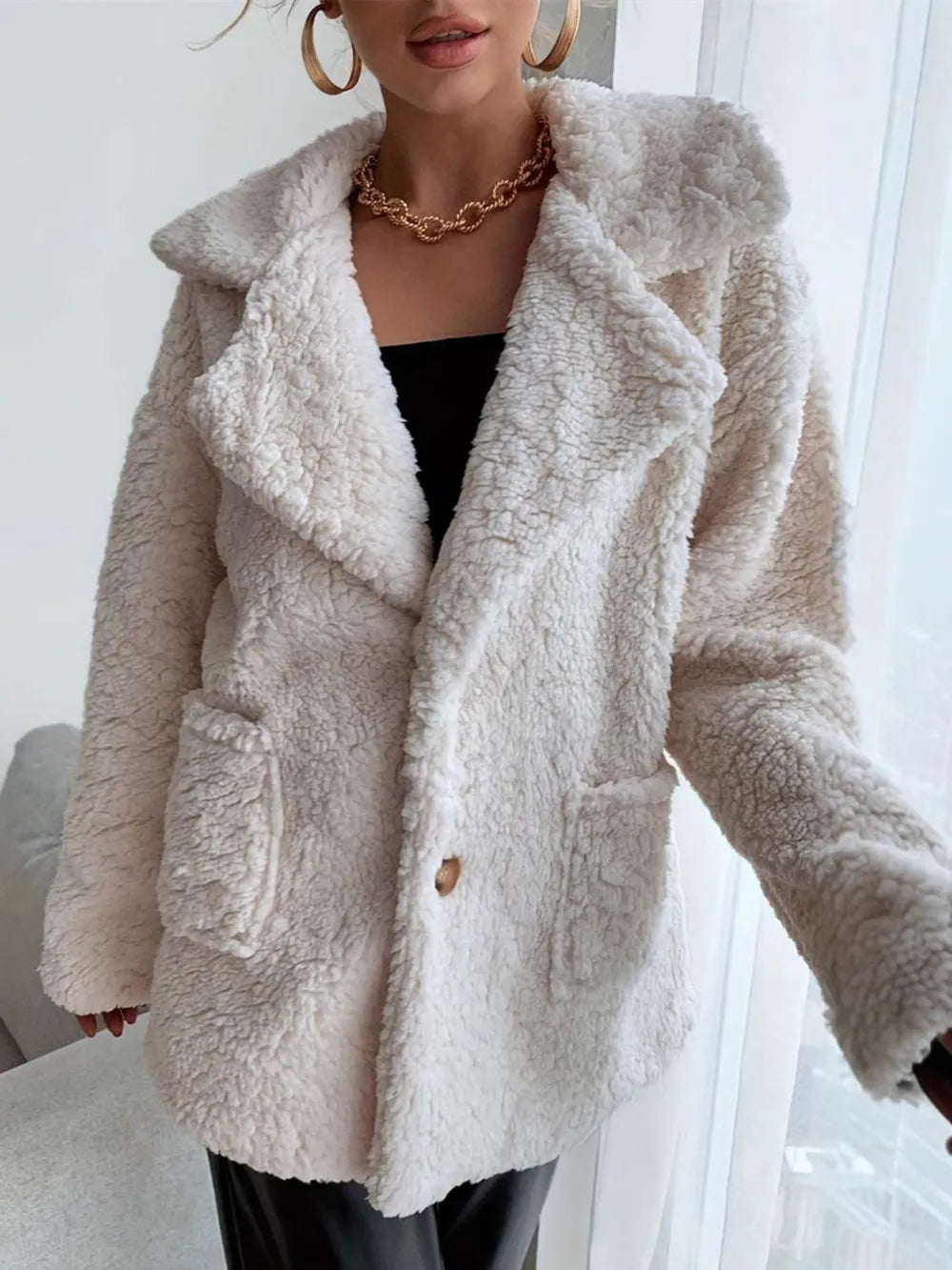 Fuzzy Open Front Long Sleeve Coat - Godess Beauty  #