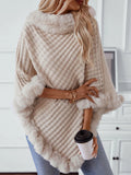 Fuzzy Trim Texture Three-Quarter Sleeve Poncho - Godess Beauty  #