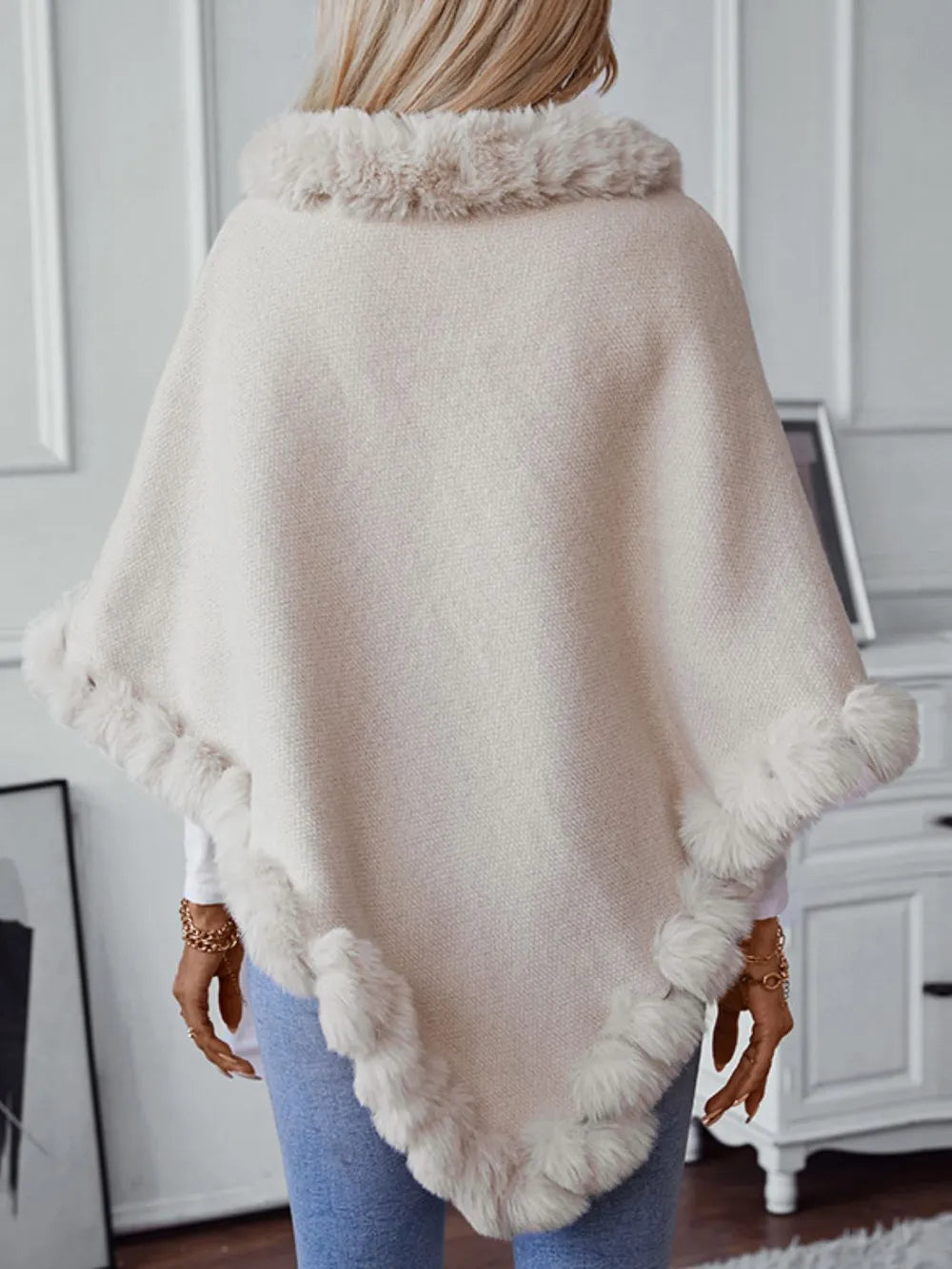Fuzzy Trim Texture Three-Quarter Sleeve Poncho - Godess Beauty  #