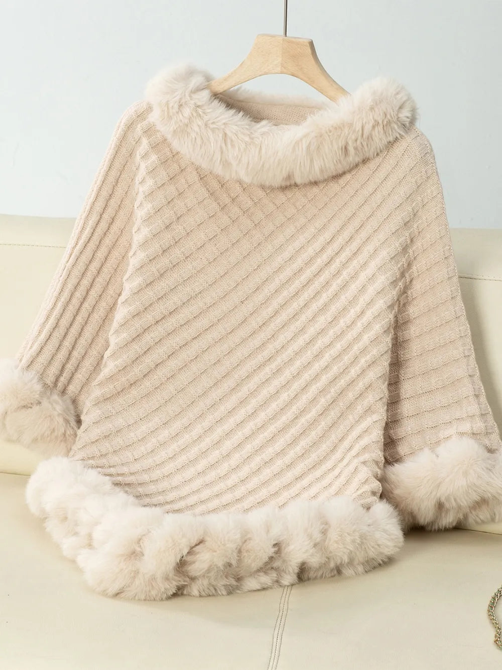 Fuzzy Trim Texture Three-Quarter Sleeve Poncho - Godess Beauty  #