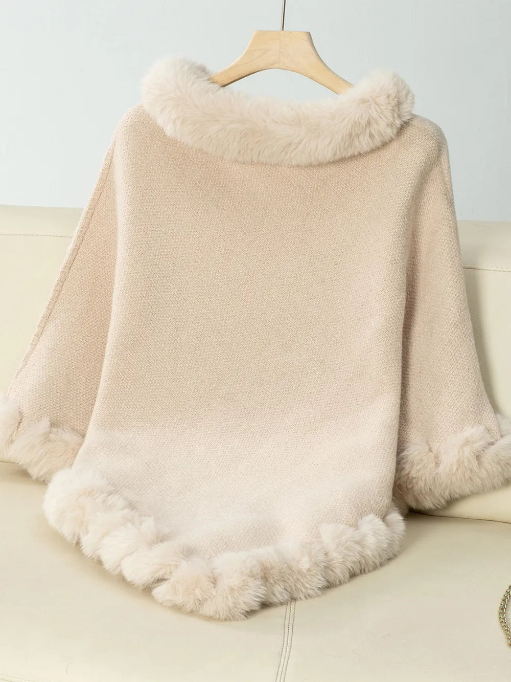 Fuzzy Trim Texture Three-Quarter Sleeve Poncho - Godess Beauty  #
