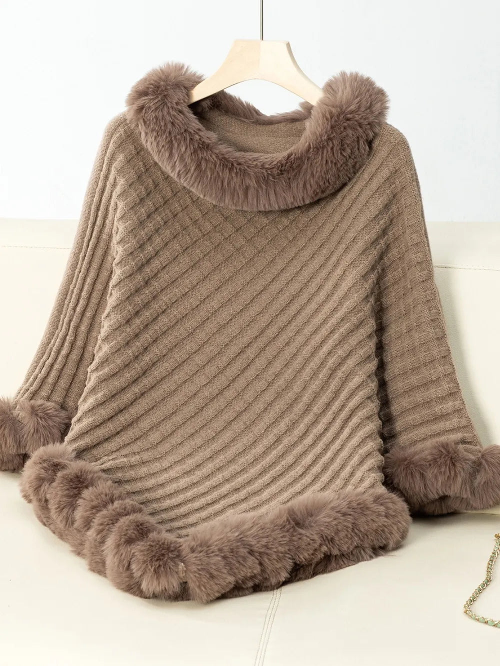 Fuzzy Trim Texture Three-Quarter Sleeve Poncho - Godess Beauty  #