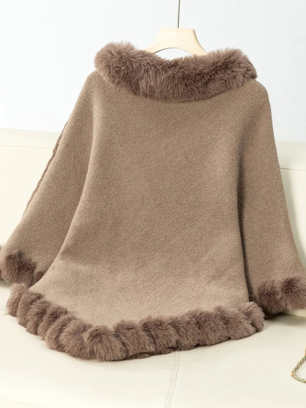Fuzzy Trim Texture Three-Quarter Sleeve Poncho - Godess Beauty  #