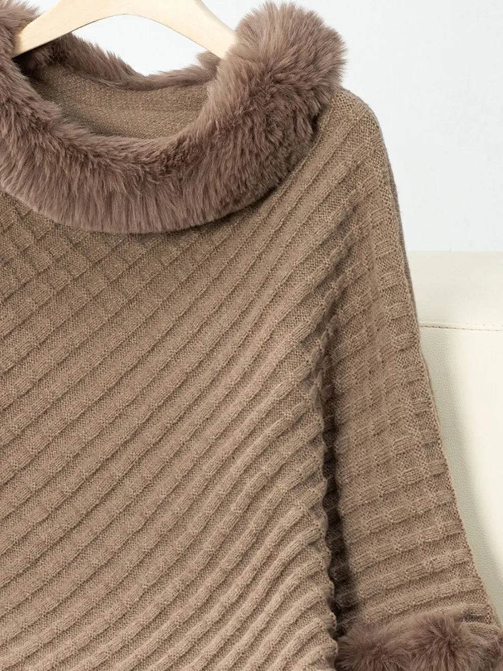 Fuzzy Trim Texture Three-Quarter Sleeve Poncho - Godess Beauty  #