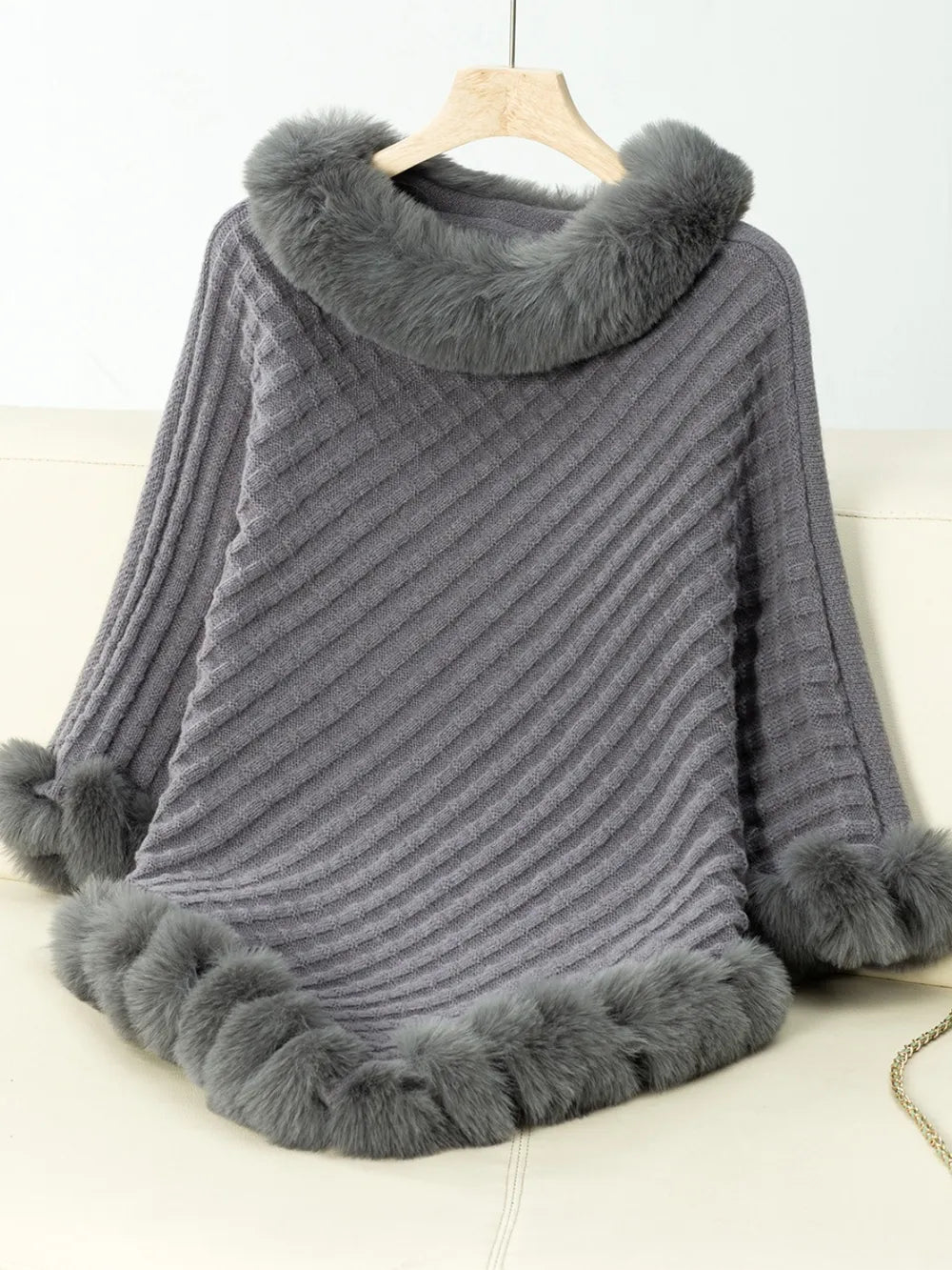 Fuzzy Trim Texture Three-Quarter Sleeve Poncho - Godess Beauty  #