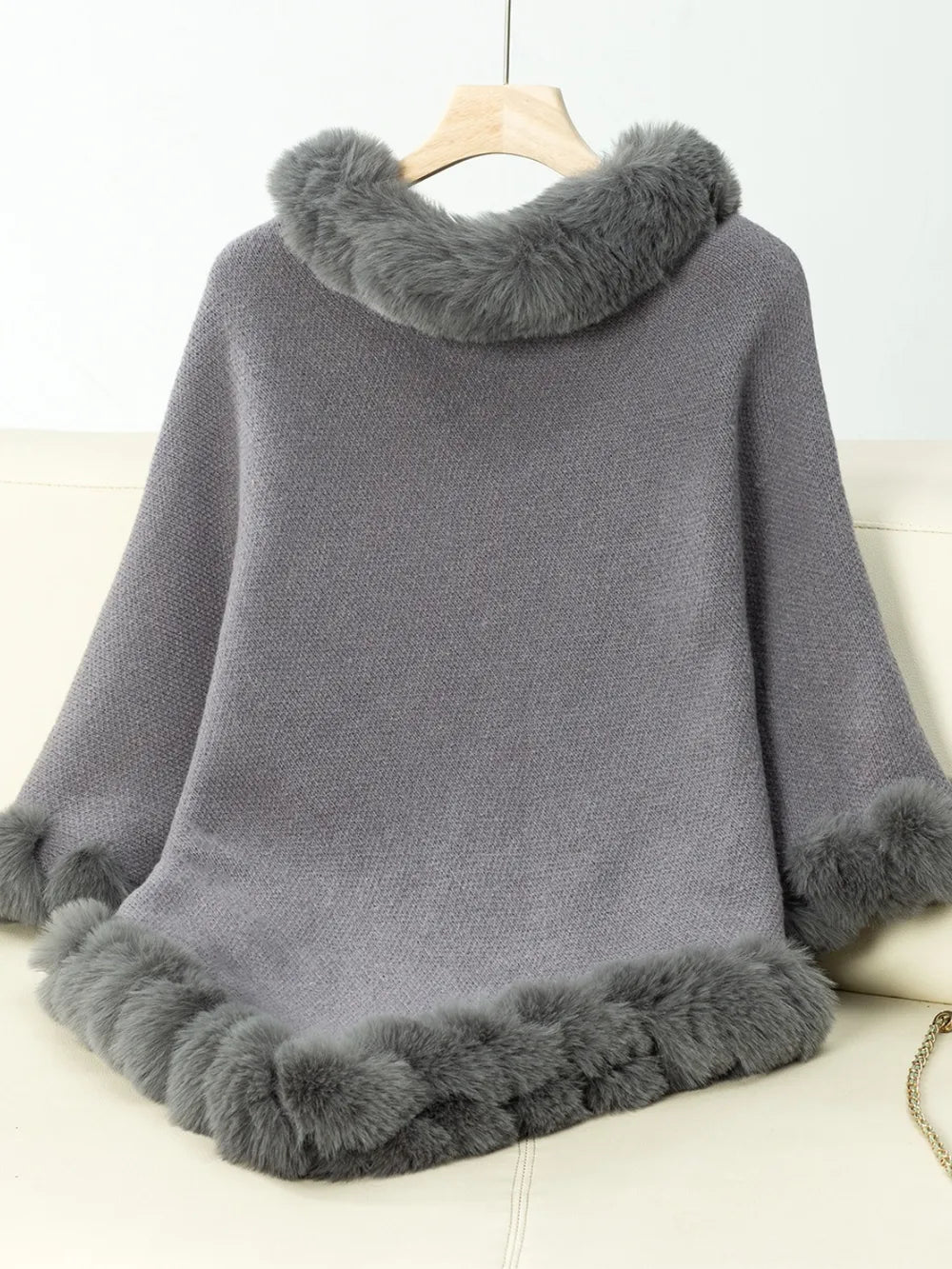 Fuzzy Trim Texture Three-Quarter Sleeve Poncho - Godess Beauty  #