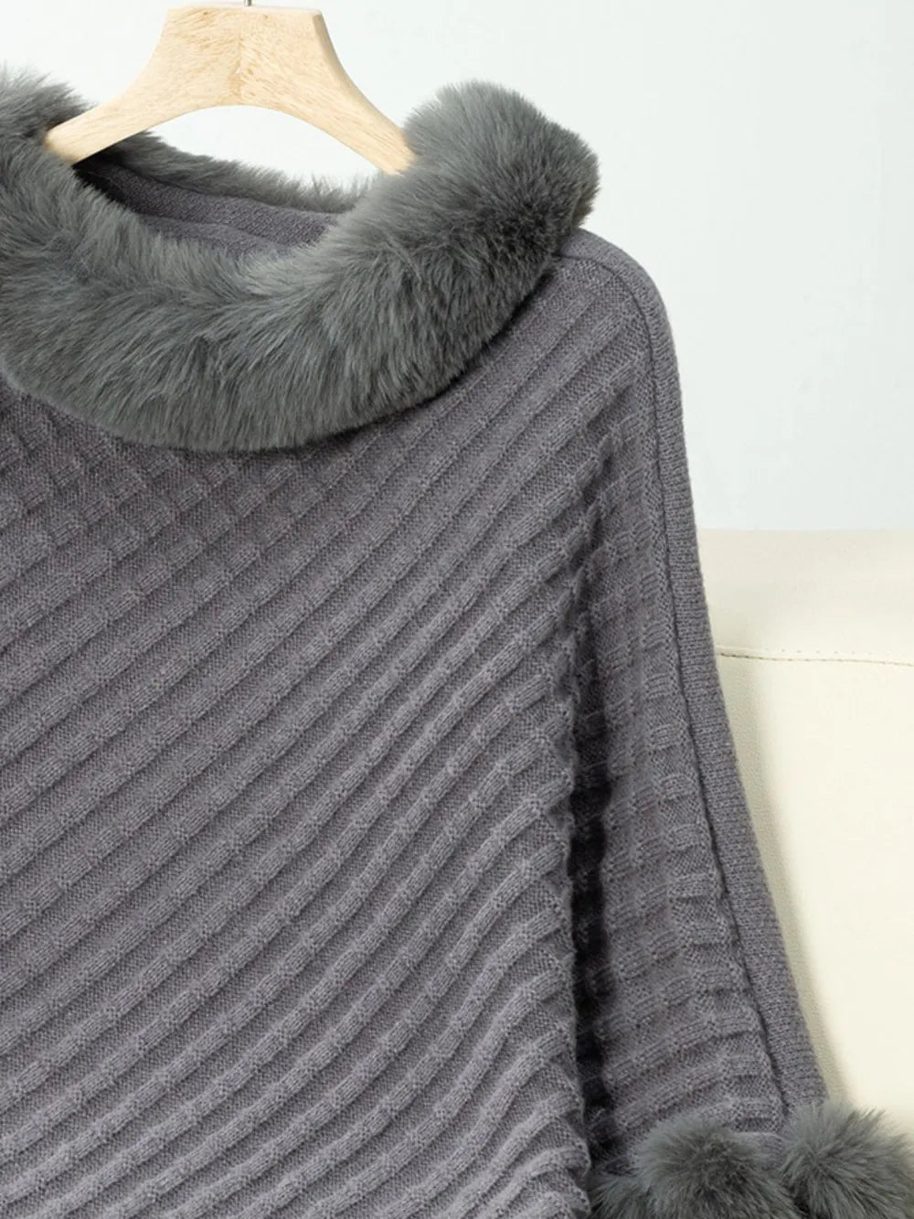 Fuzzy Trim Texture Three-Quarter Sleeve Poncho - Godess Beauty  #
