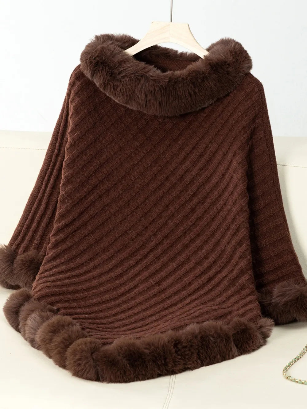 Fuzzy Trim Texture Three-Quarter Sleeve Poncho - Godess Beauty  #