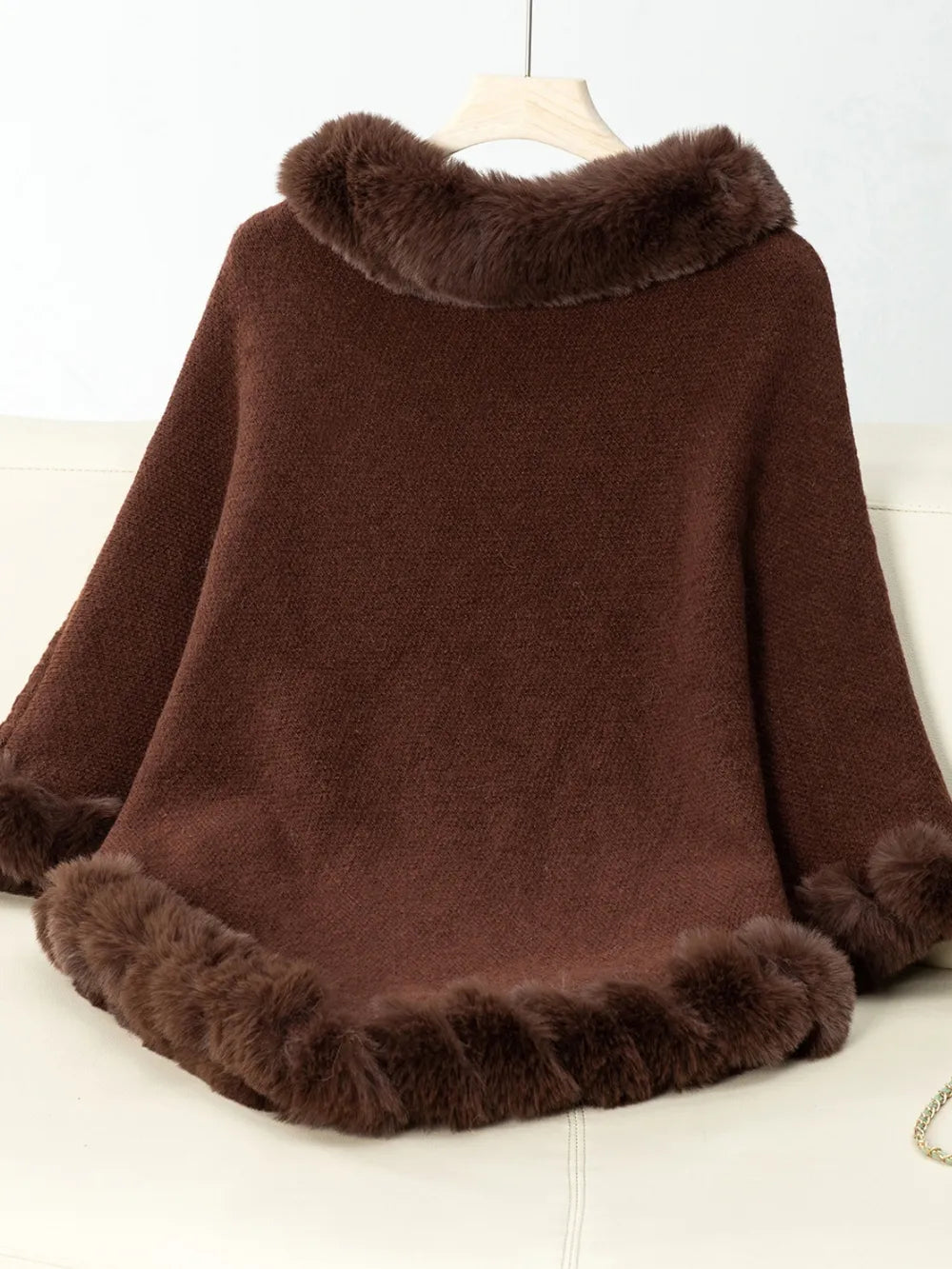 Fuzzy Trim Texture Three-Quarter Sleeve Poncho - Godess Beauty  #