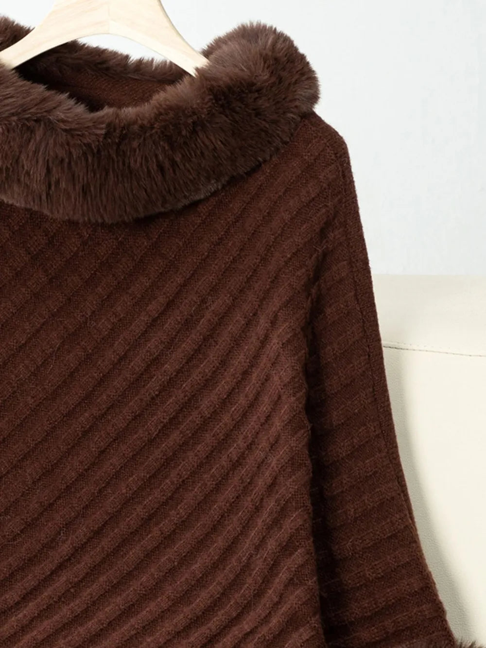 Fuzzy Trim Texture Three-Quarter Sleeve Poncho - Godess Beauty  #