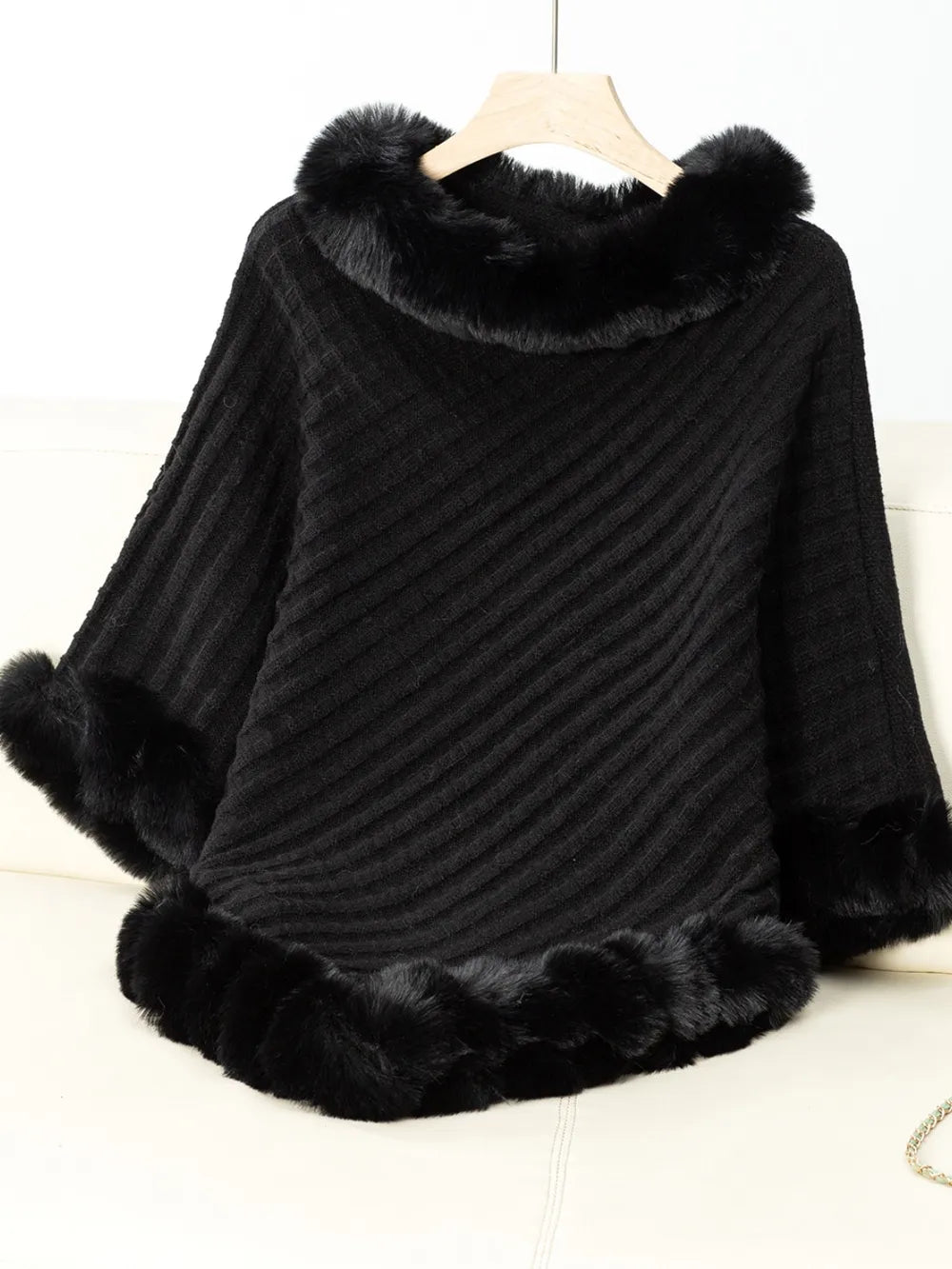 Fuzzy Trim Texture Three-Quarter Sleeve Poncho - Godess Beauty  #