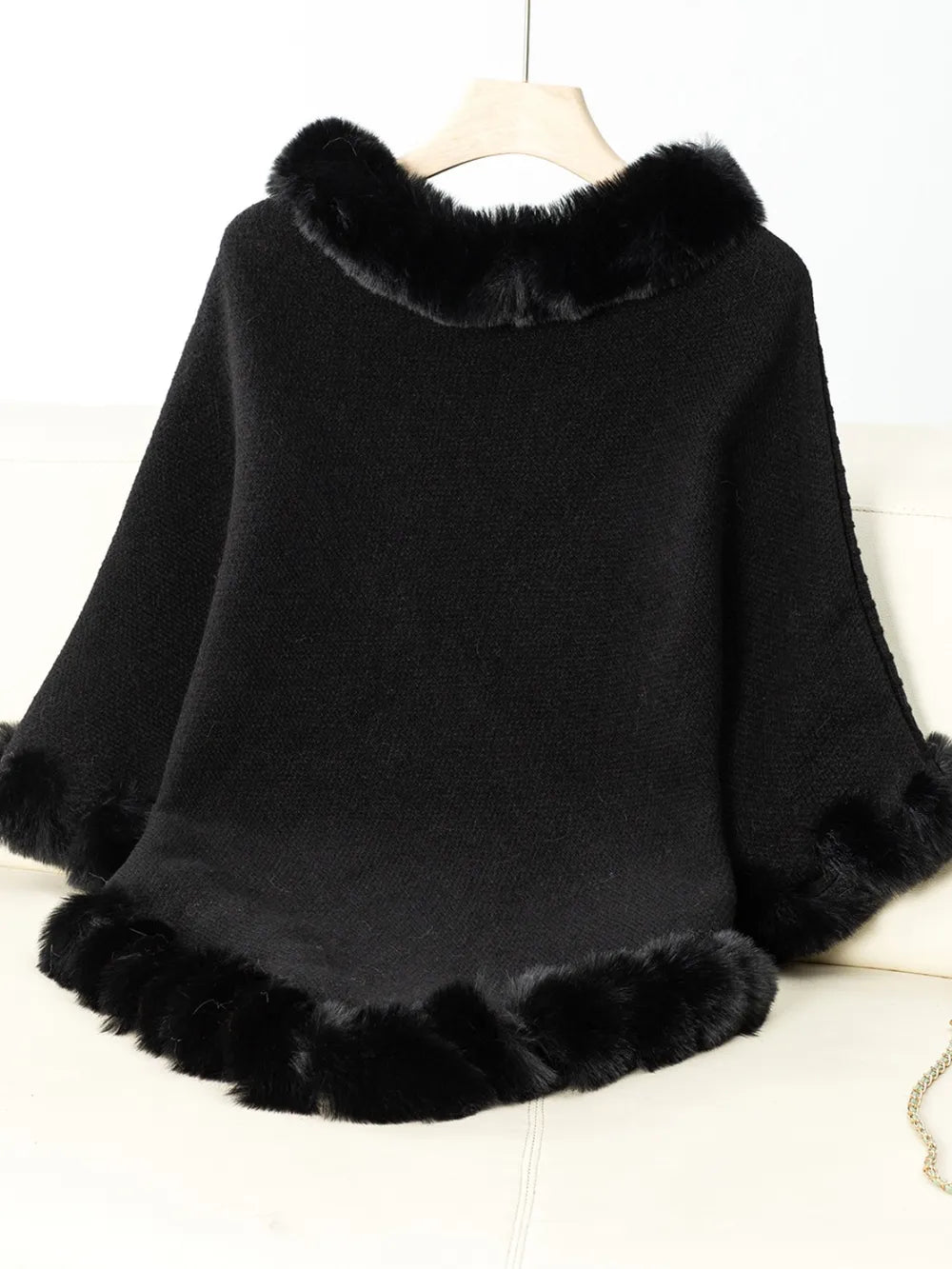 Fuzzy Trim Texture Three-Quarter Sleeve Poncho - Godess Beauty  #