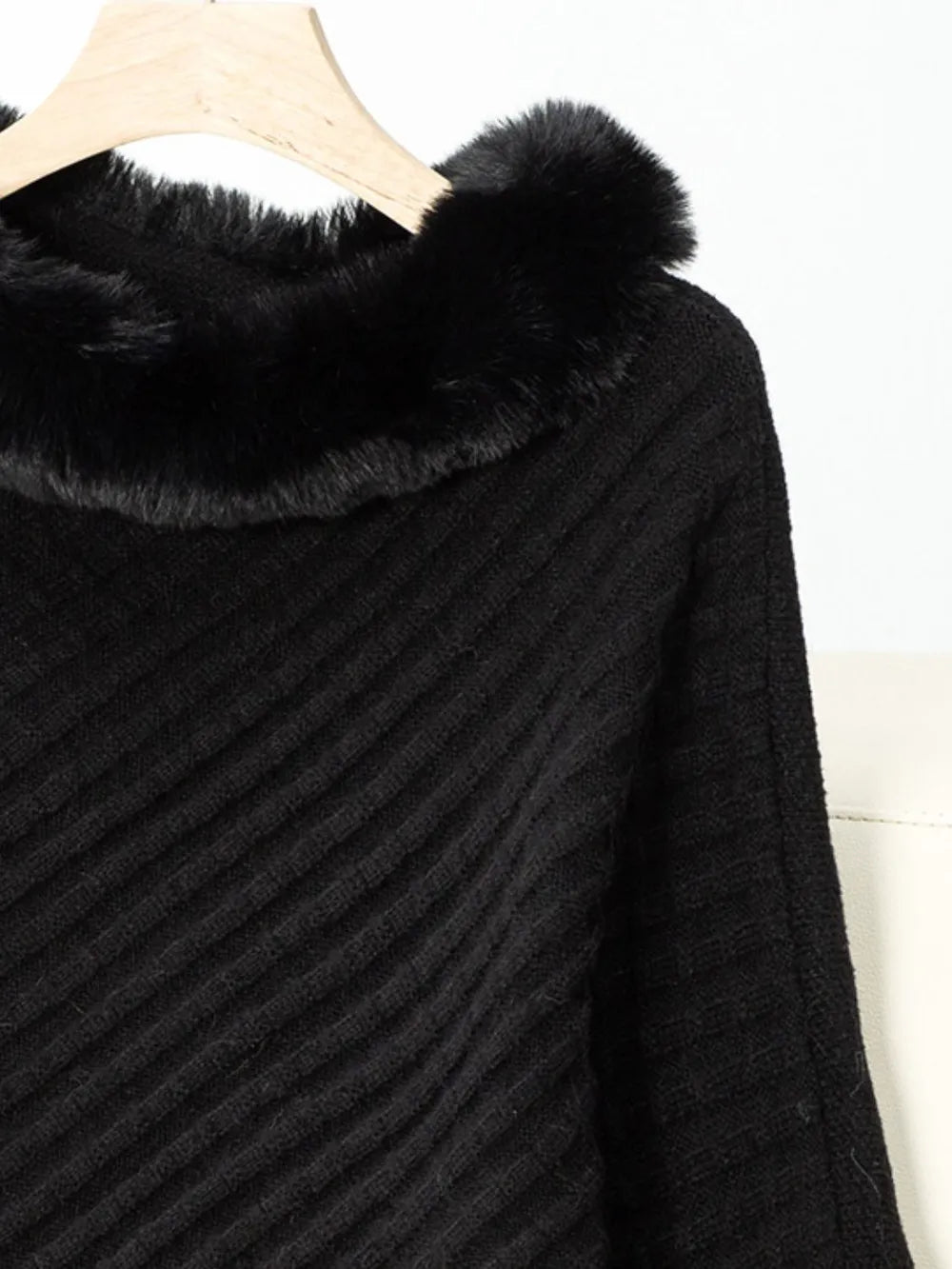 Fuzzy Trim Texture Three-Quarter Sleeve Poncho - Godess Beauty  #