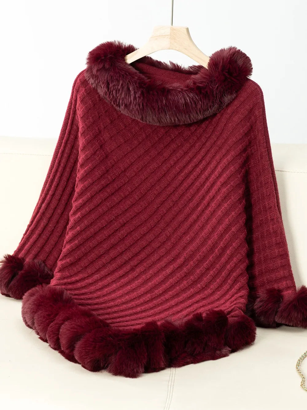 Fuzzy Trim Texture Three-Quarter Sleeve Poncho - Godess Beauty  #