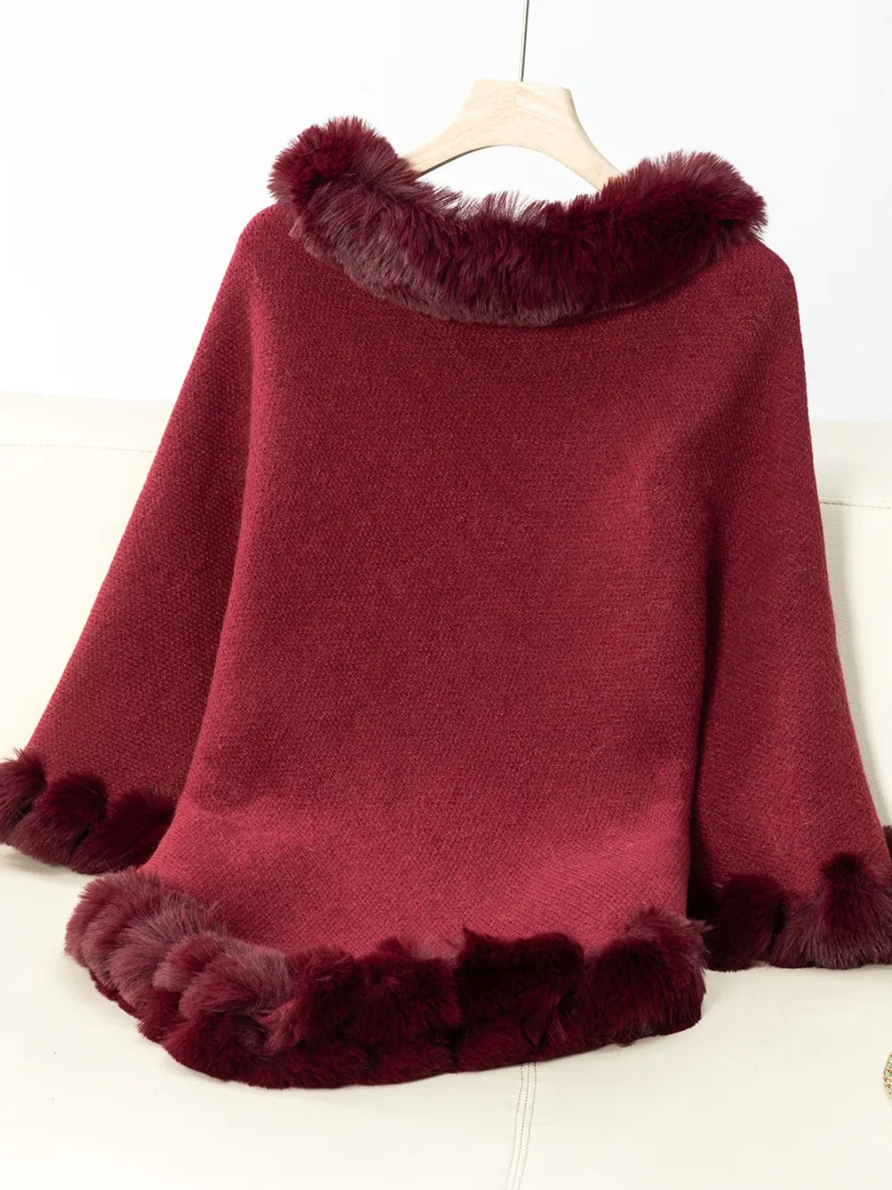 Fuzzy Trim Texture Three-Quarter Sleeve Poncho - Godess Beauty  #