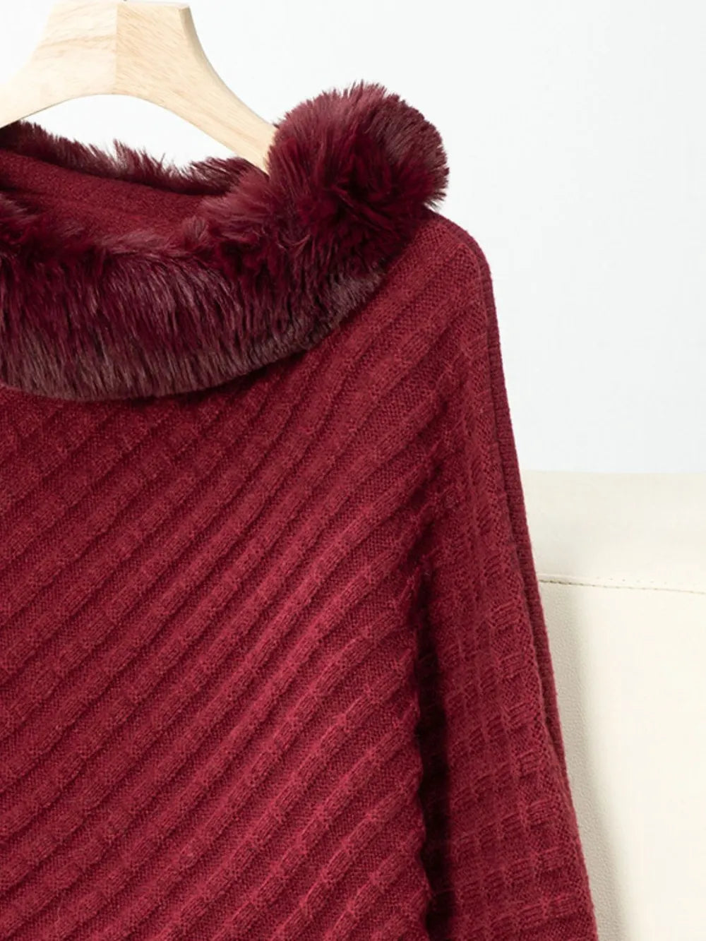 Fuzzy Trim Texture Three-Quarter Sleeve Poncho - Godess Beauty  #
