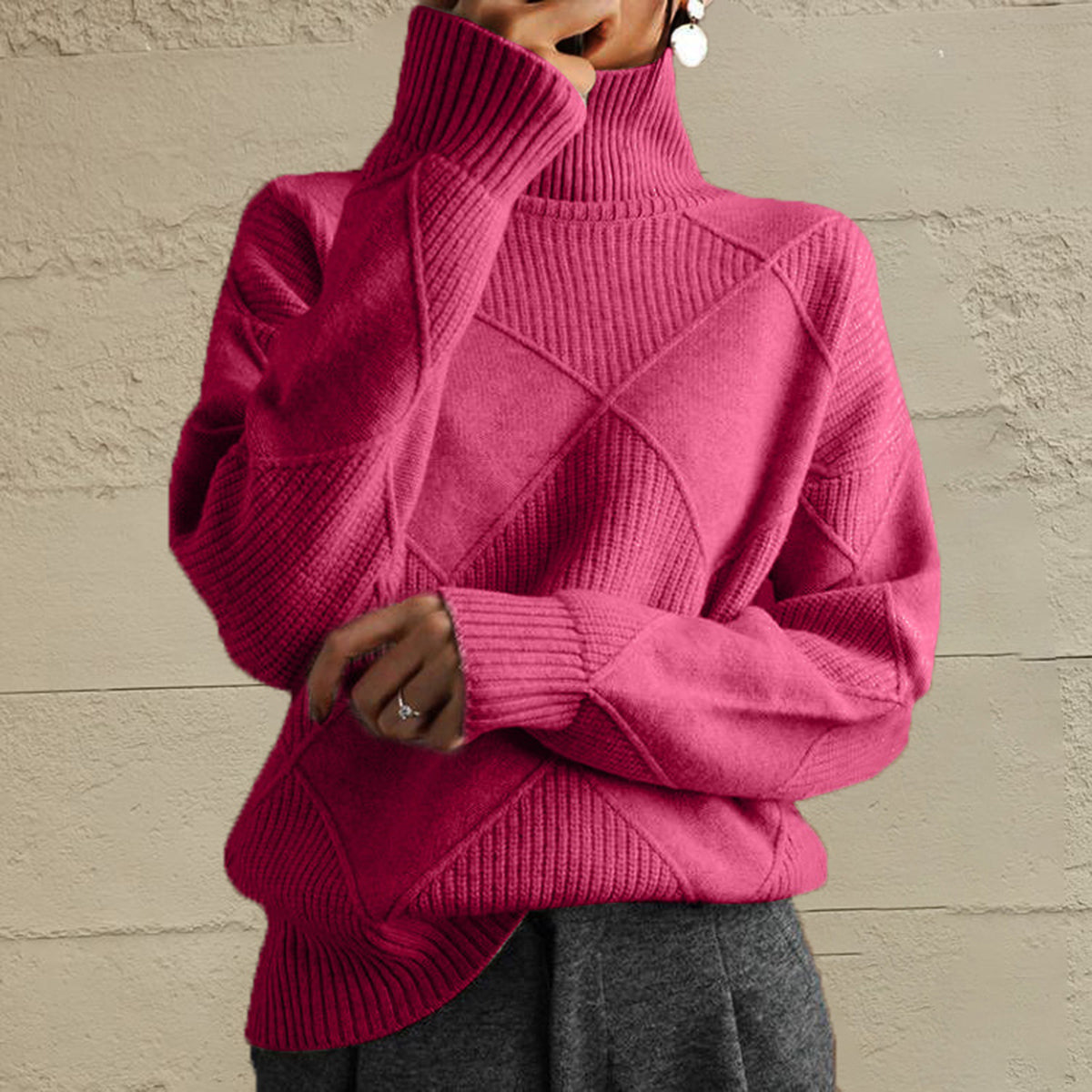 Geometric Turtleneck Long Sleeve Sweater - Godess Beauty  #
