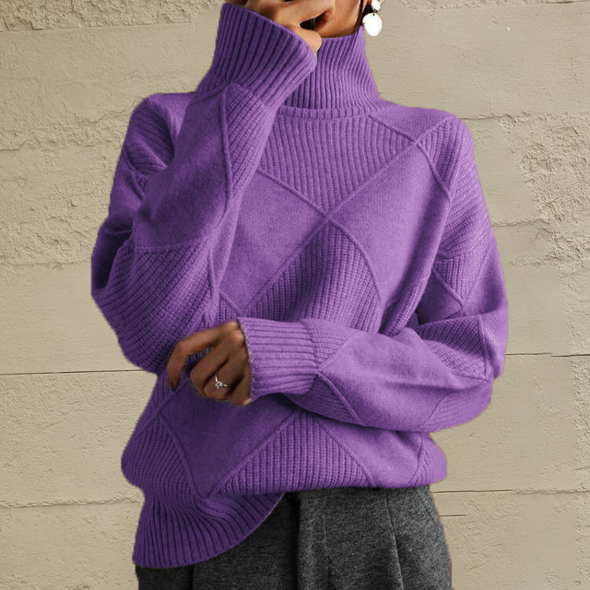 Geometric Turtleneck Long Sleeve Sweater - Godess Beauty  #
