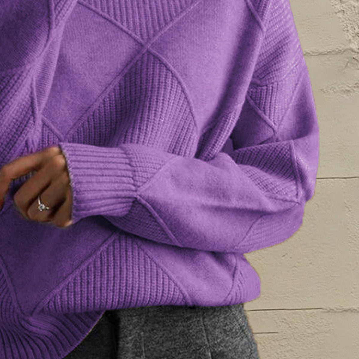 Geometric Turtleneck Long Sleeve Sweater - Godess Beauty  #