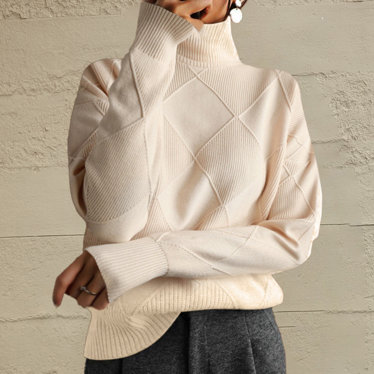 Geometric Turtleneck Long Sleeve Sweater - Godess Beauty  #