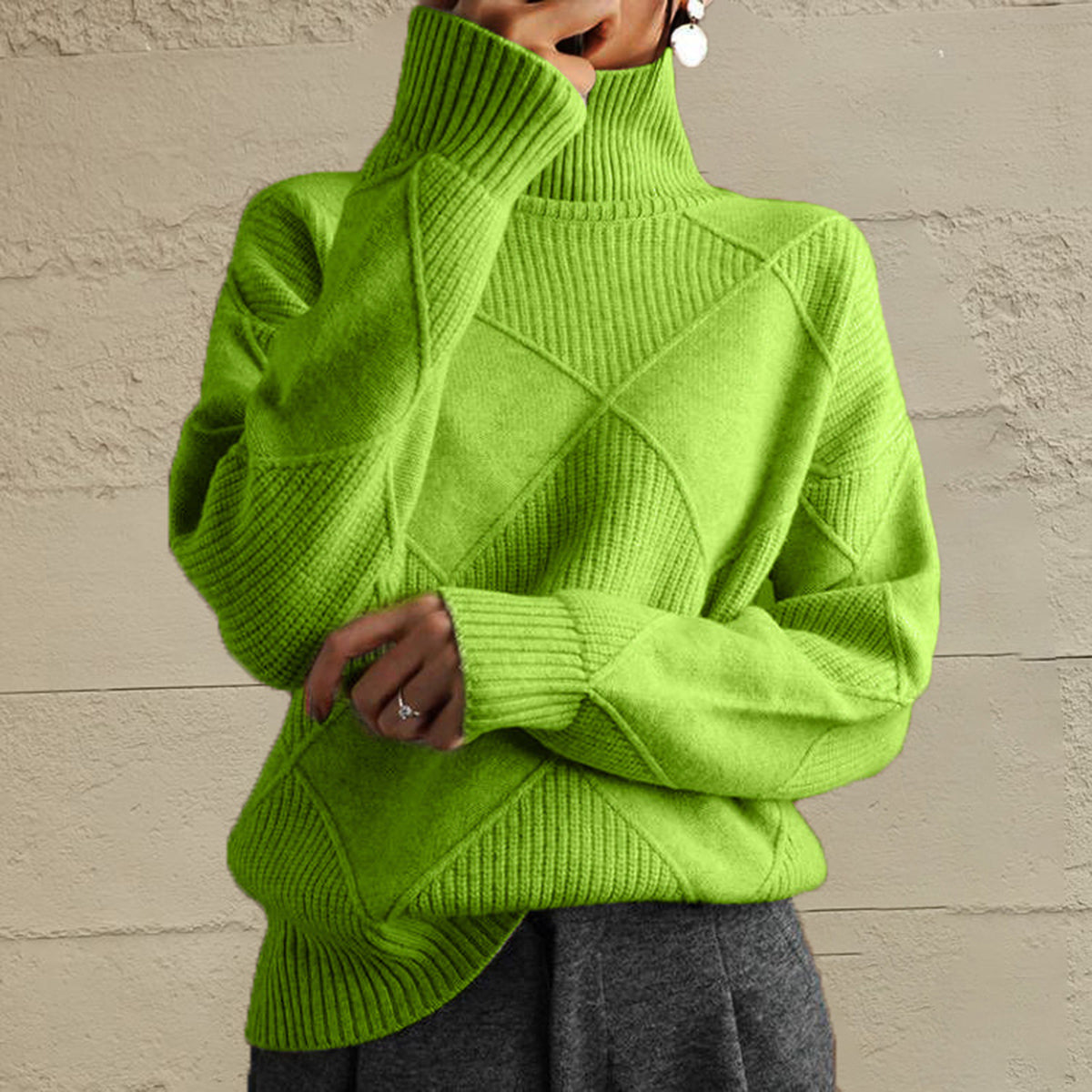Geometric Turtleneck Long Sleeve Sweater - Godess Beauty  #
